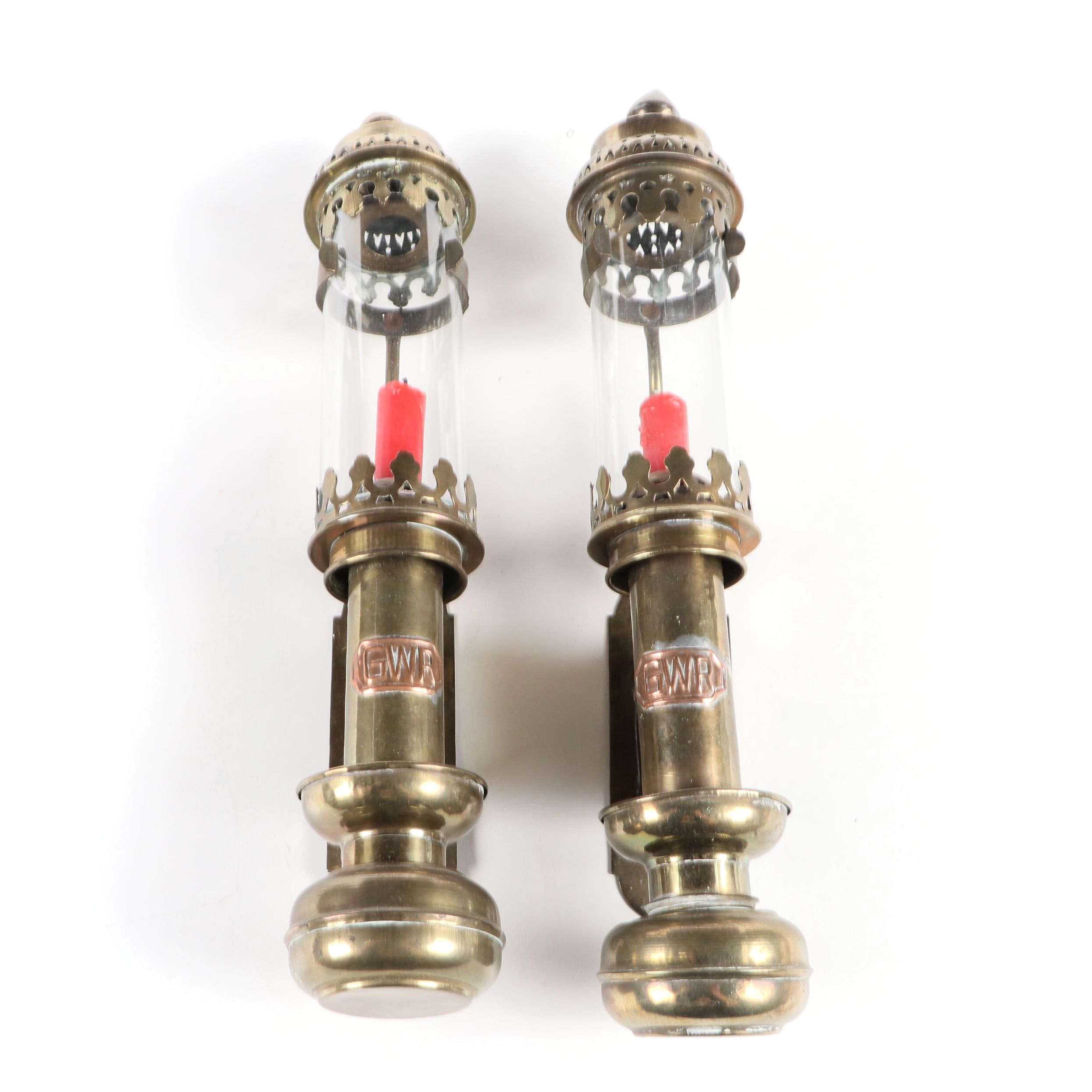 Pair of Great Western Railway Passageway Brass Wall Candle Sconces, Antique