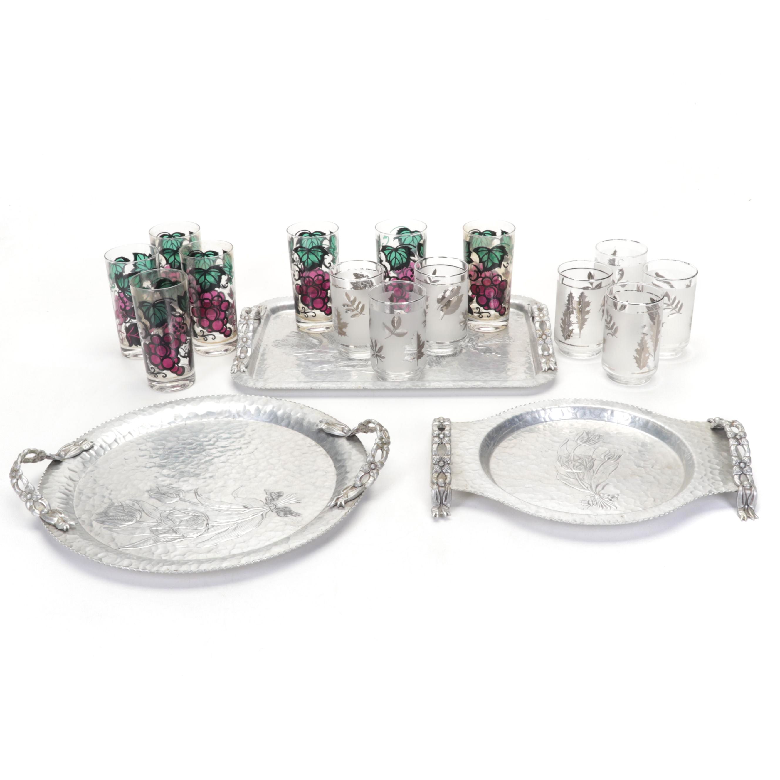 Rodney Kent Aluminum Trays with Libbey Silver Leaf and Grape Cluster Tumblers