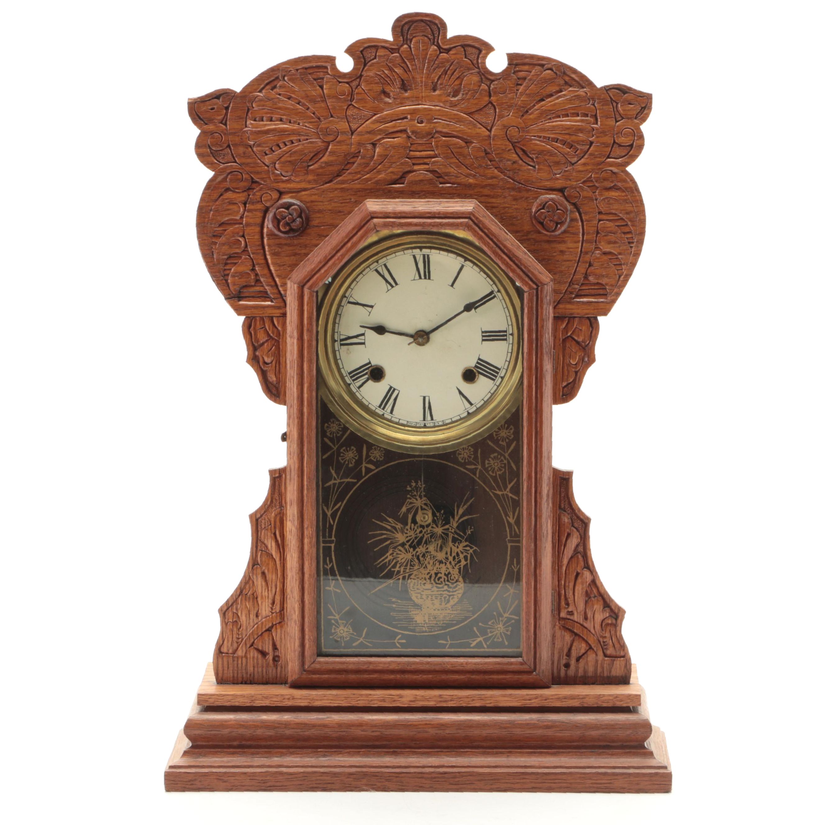 New Haven Clock Co. Pressed Oak Gingerbread Mantel Clock, Late 19th/ Early 20th