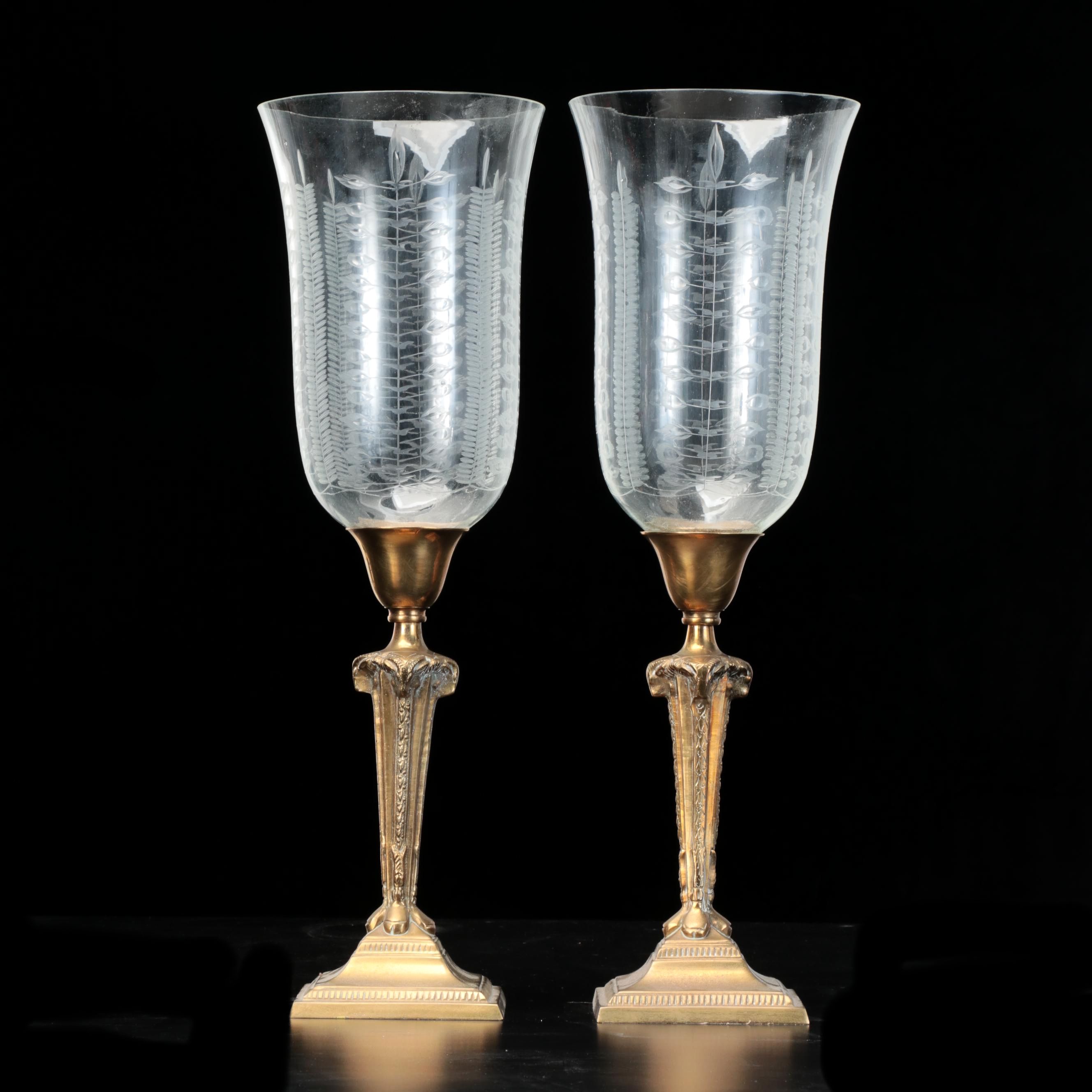 Neoclassical Style Gilt Brass Candlesticks with Etched Glass Hurricanes