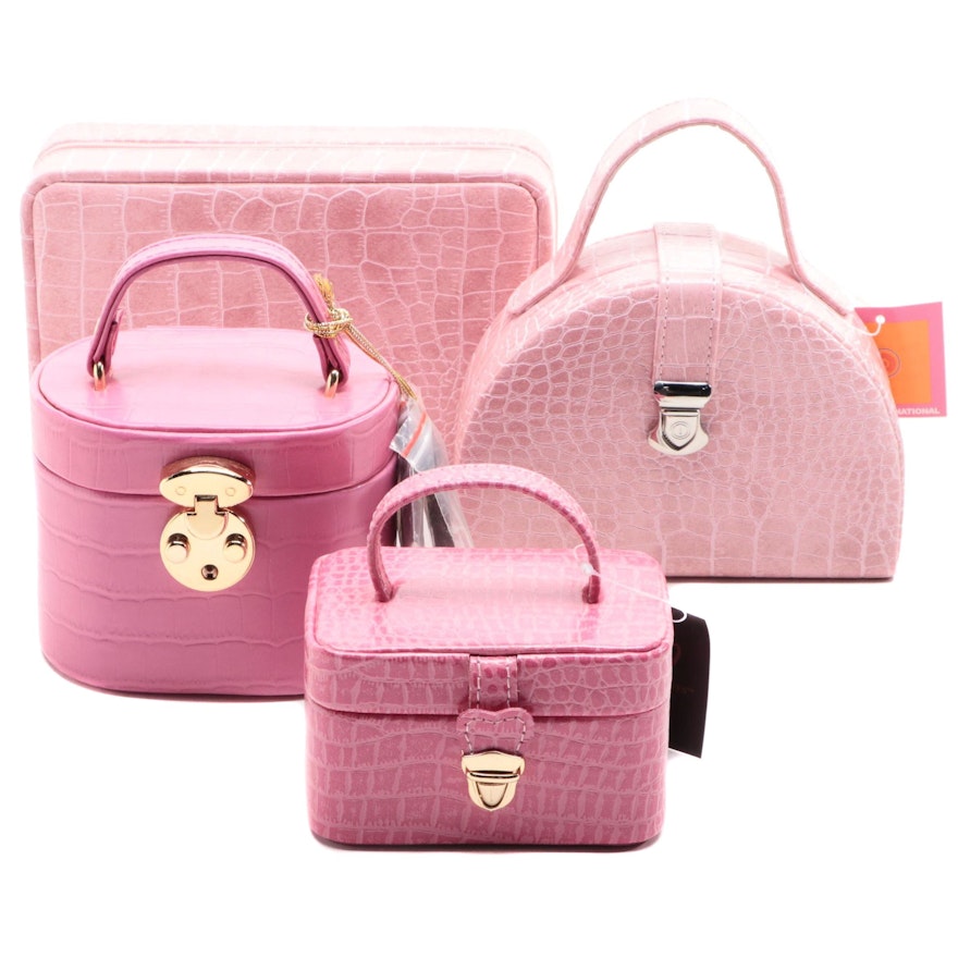 Pink Reptilian Embossed Bonded Leather Travel Jewelry Boxes