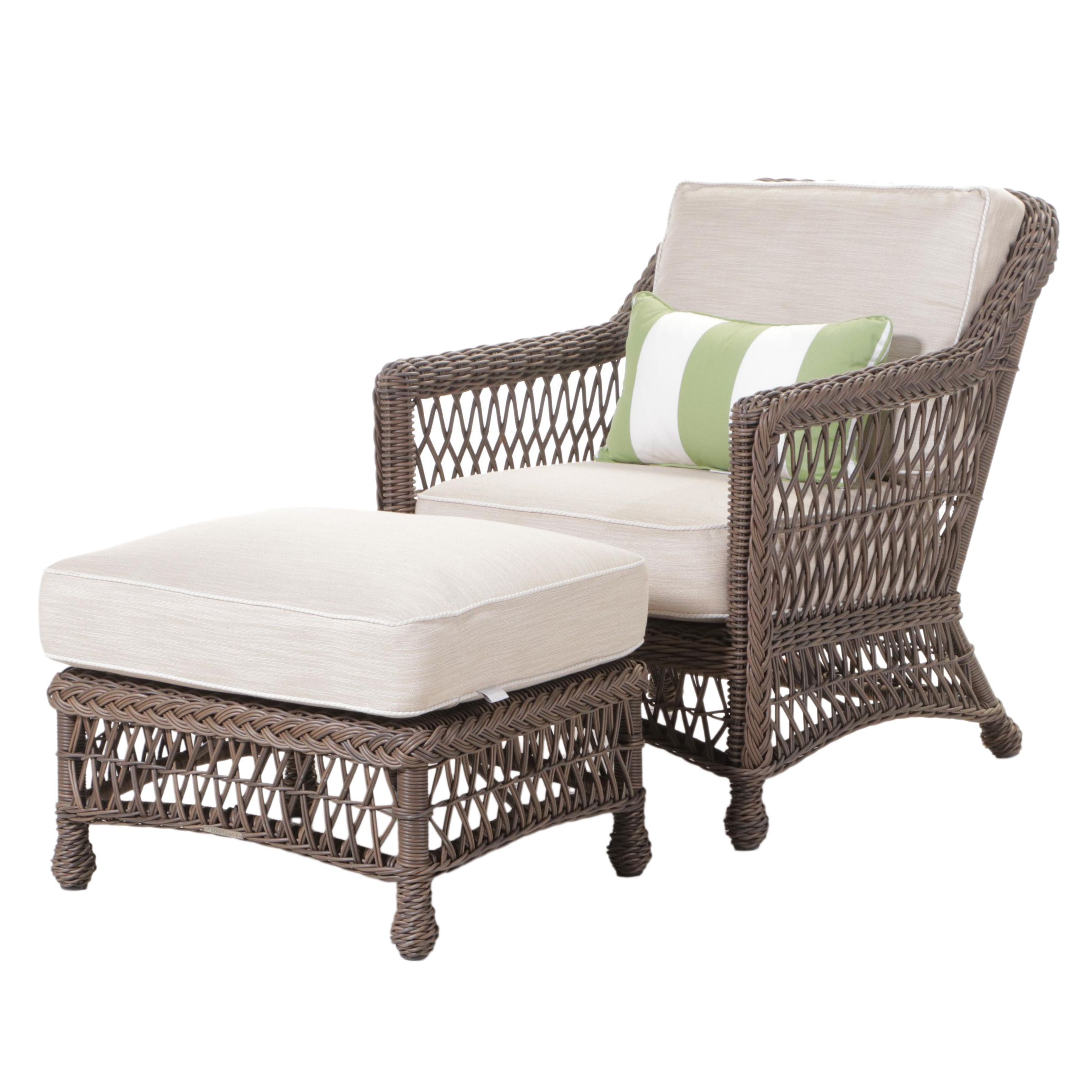 Frontgate "Hampton" Resin Wicker Patio Armchair and Ottoman in Driftwood Finish