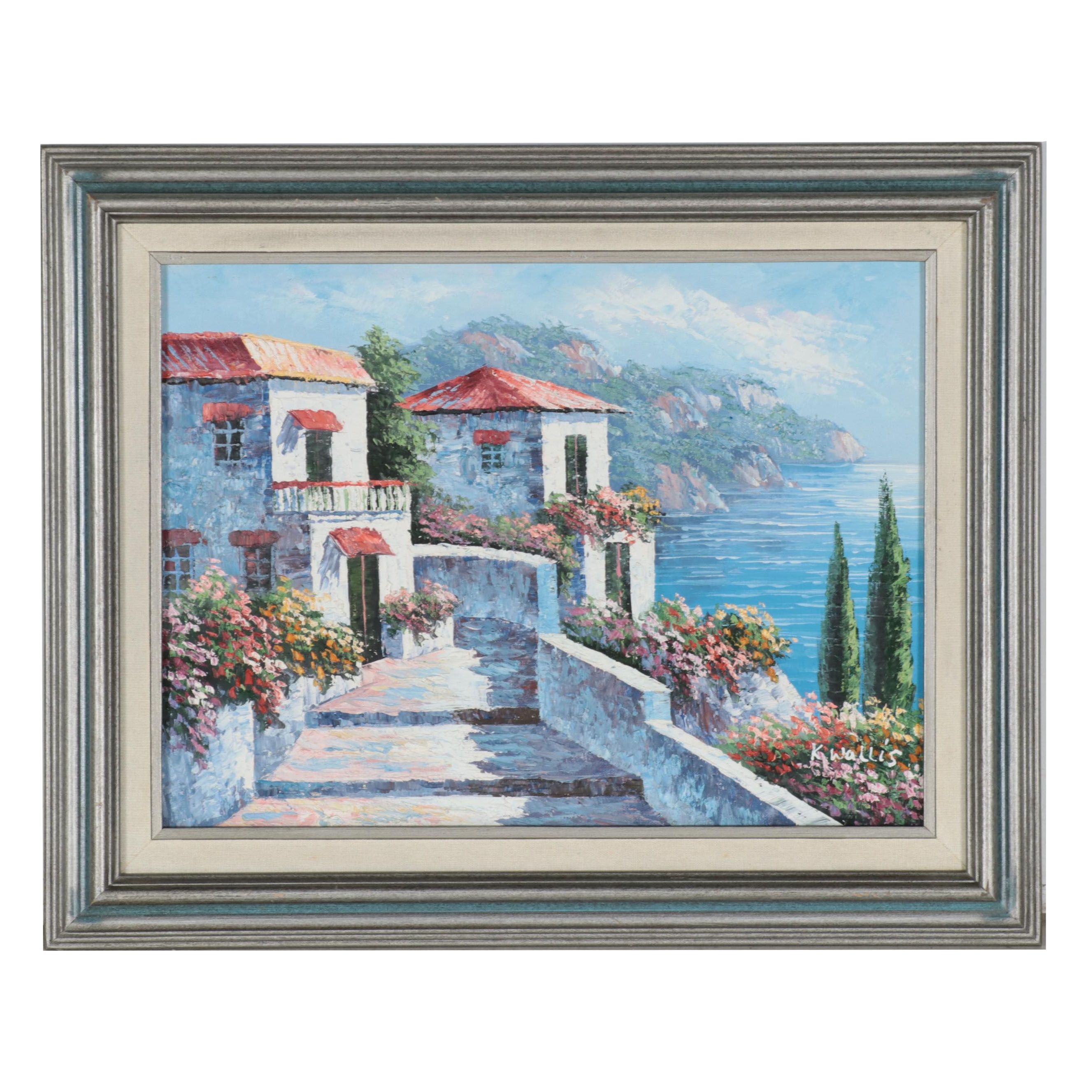 K. Wallis Oil Painting of Coastal Architecture, Late 20th Century