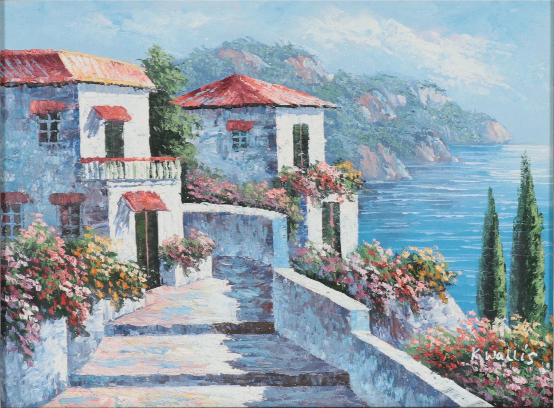 K. Wallis Oil Painting of Coastal Architecture, Late 20th Century
