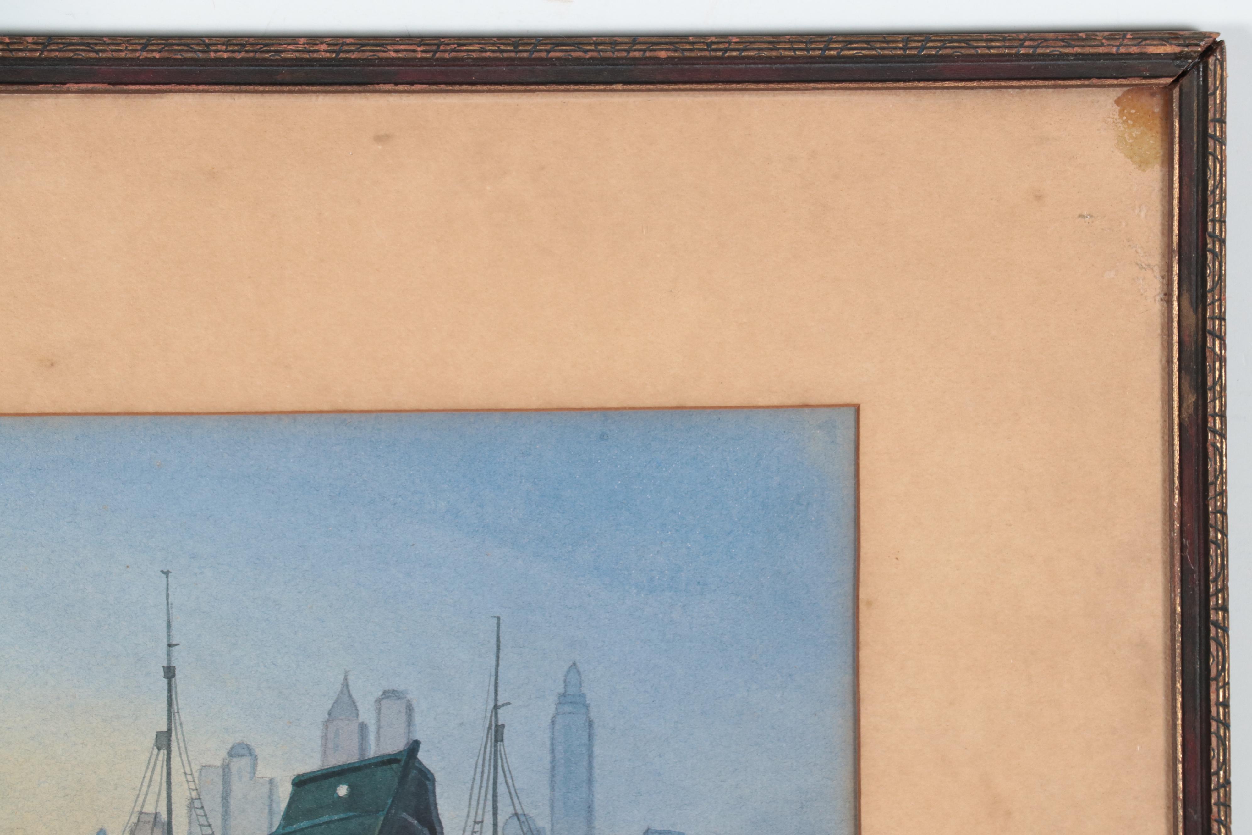 Watercolor Painting of Boats in New York Harbor, Late 20th Century