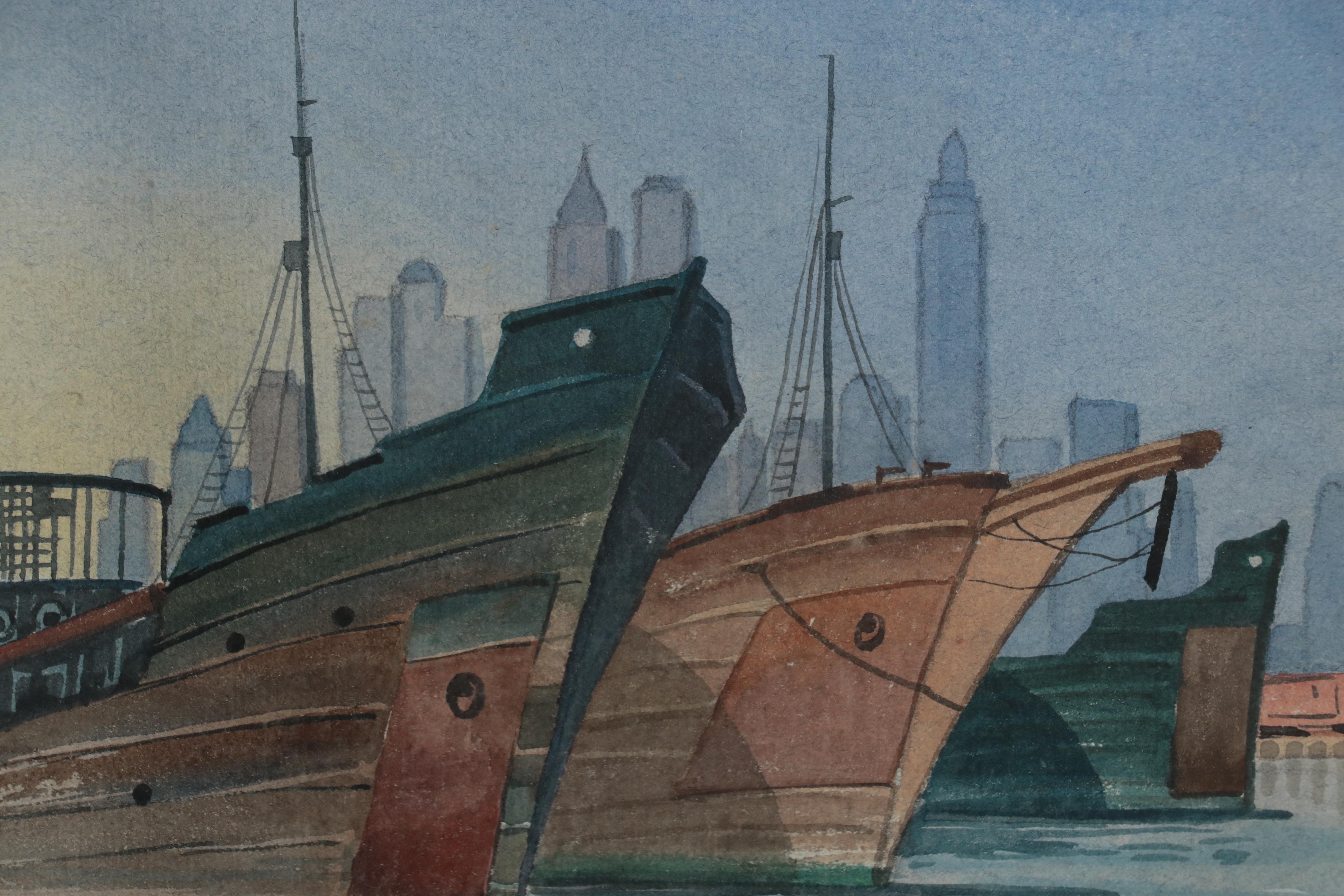 Watercolor Painting of Boats in New York Harbor, Late 20th Century