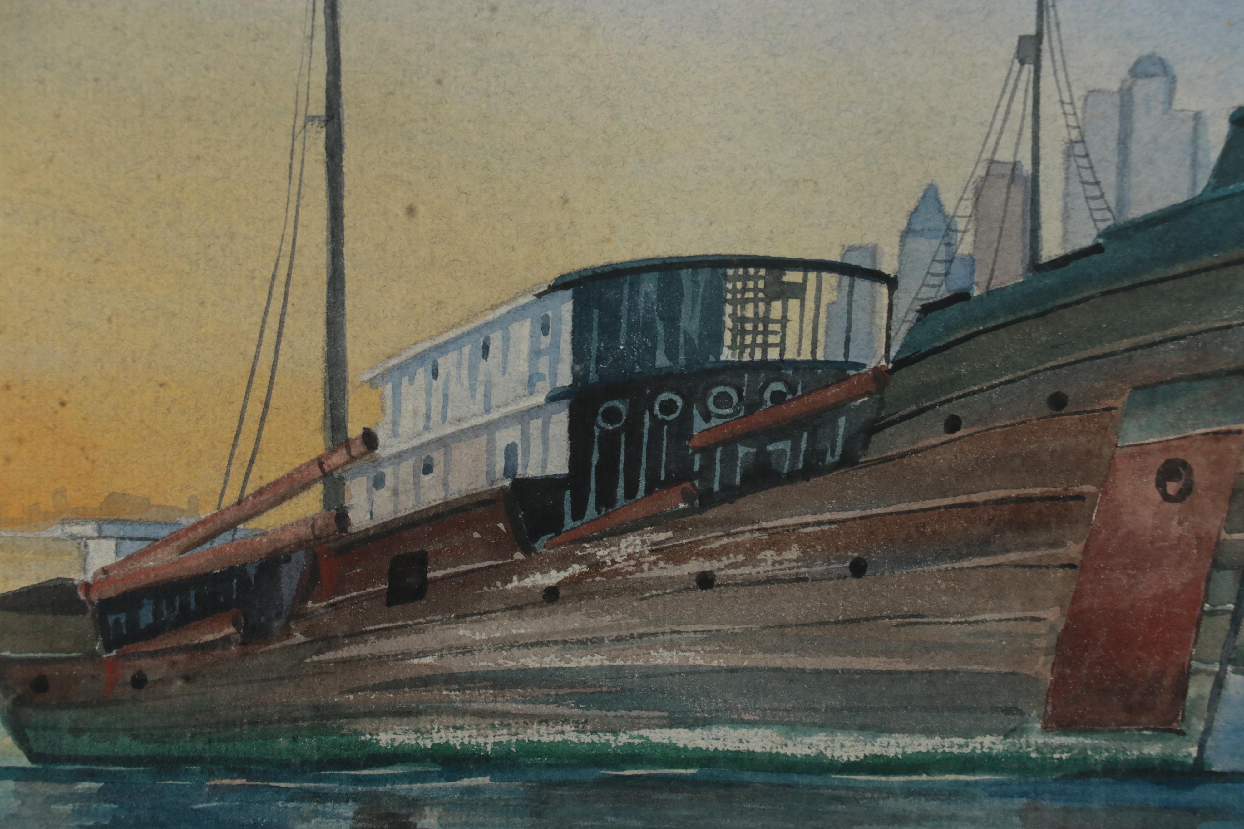 Watercolor Painting of Boats in New York Harbor, Late 20th Century