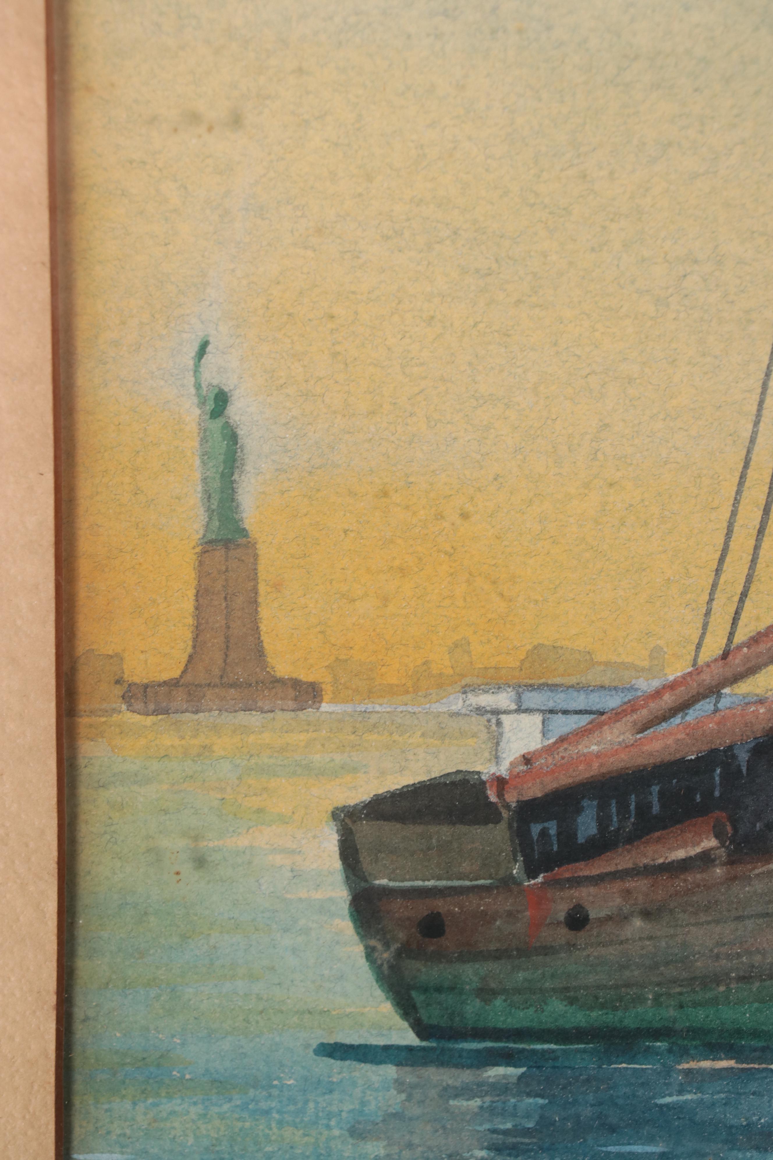 Watercolor Painting of Boats in New York Harbor, Late 20th Century