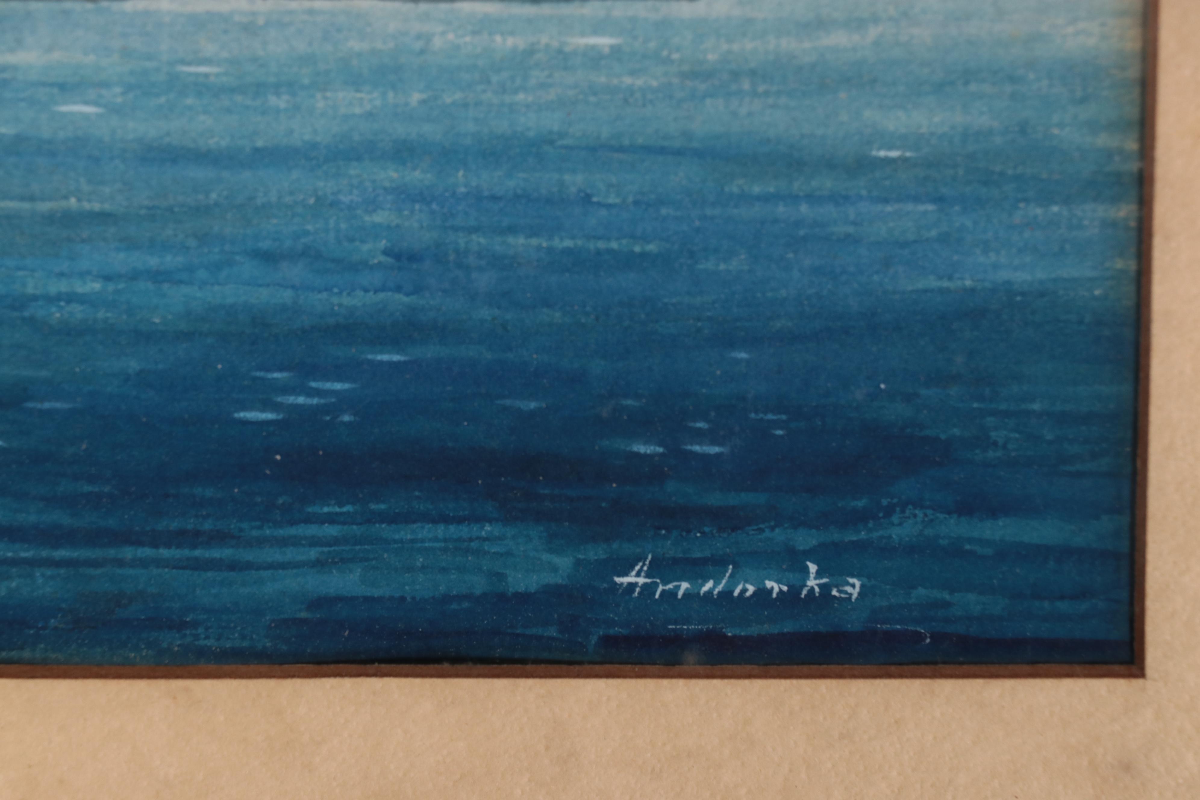 Watercolor Painting of Boats in New York Harbor, Late 20th Century