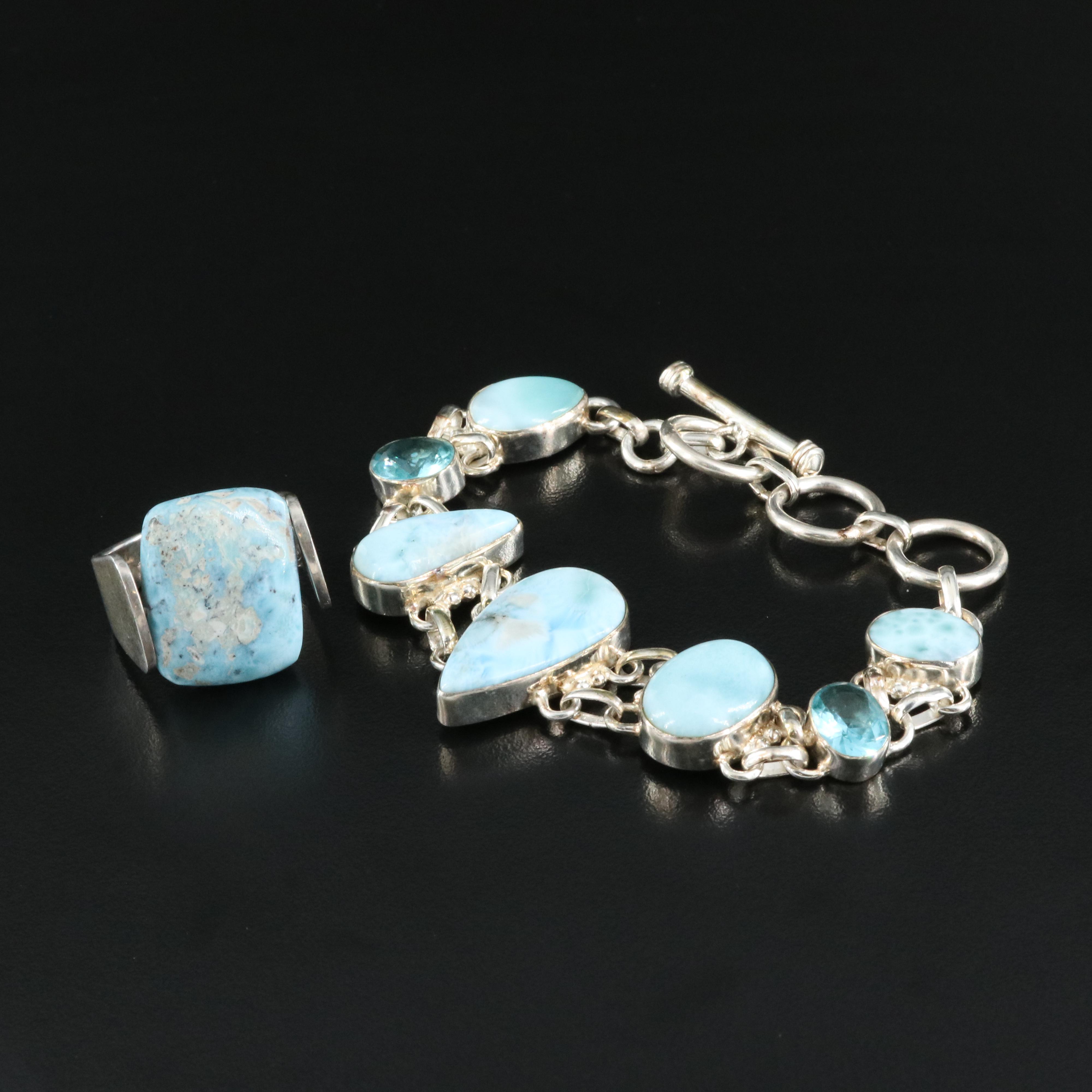 Sterling Ring with Bracelet Including Larimar and Glass
