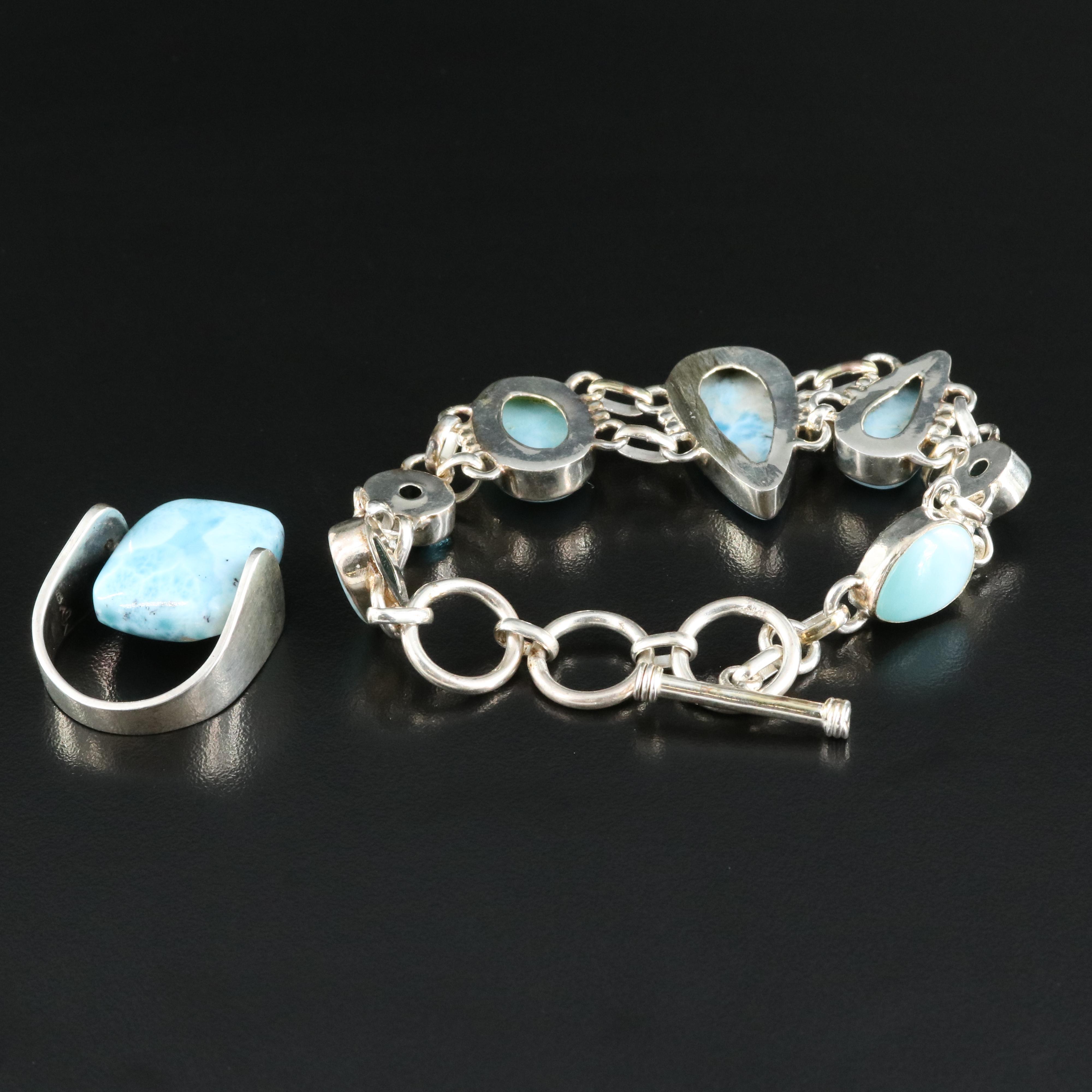Sterling Ring with Bracelet Including Larimar and Glass