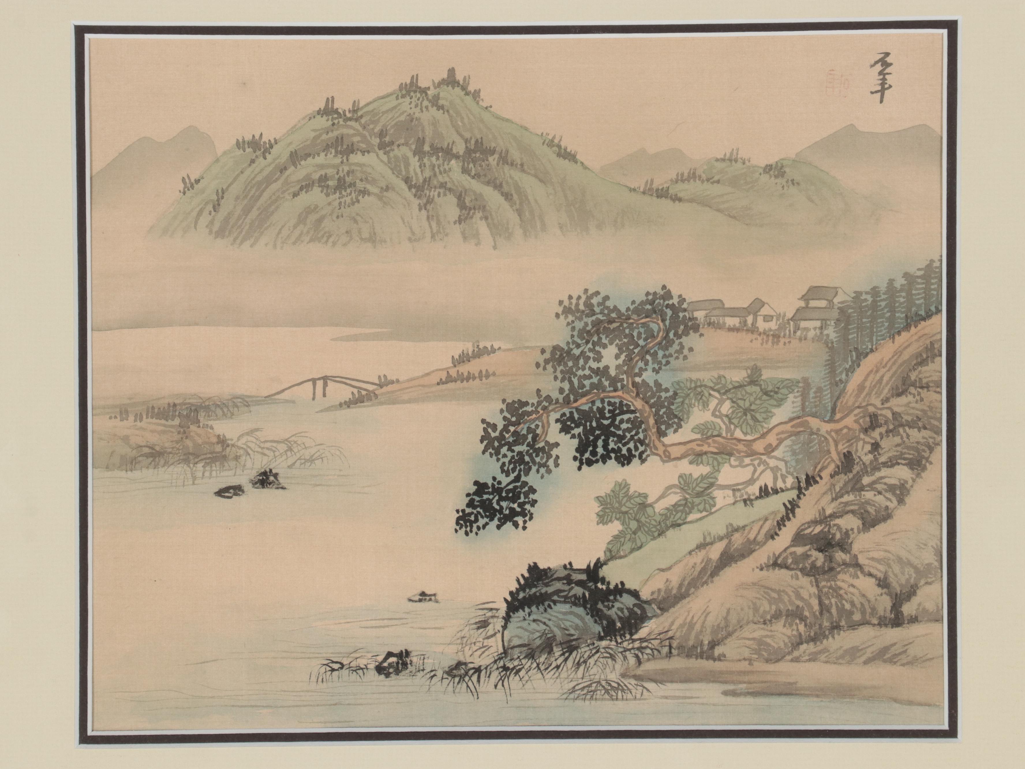 East Asian Landscape Watercolor Painting of Mountain Lake