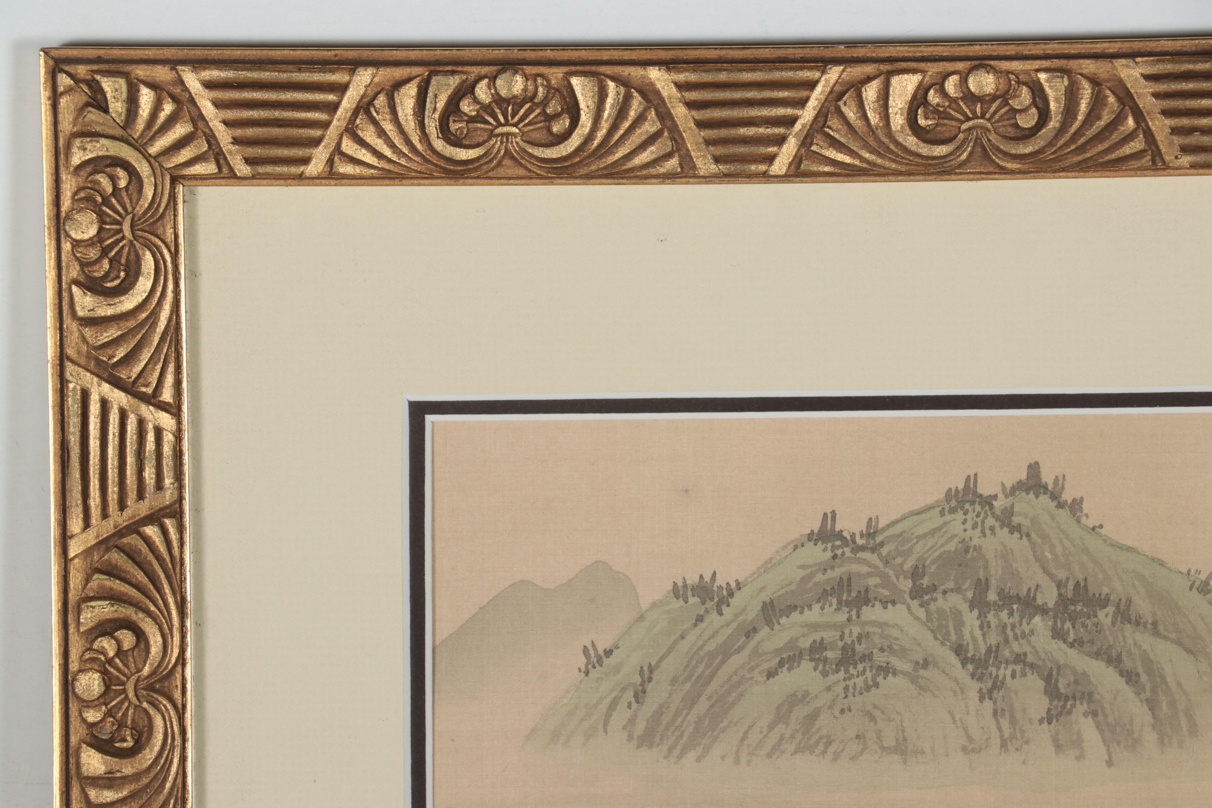 East Asian Landscape Watercolor Painting of Mountain Lake