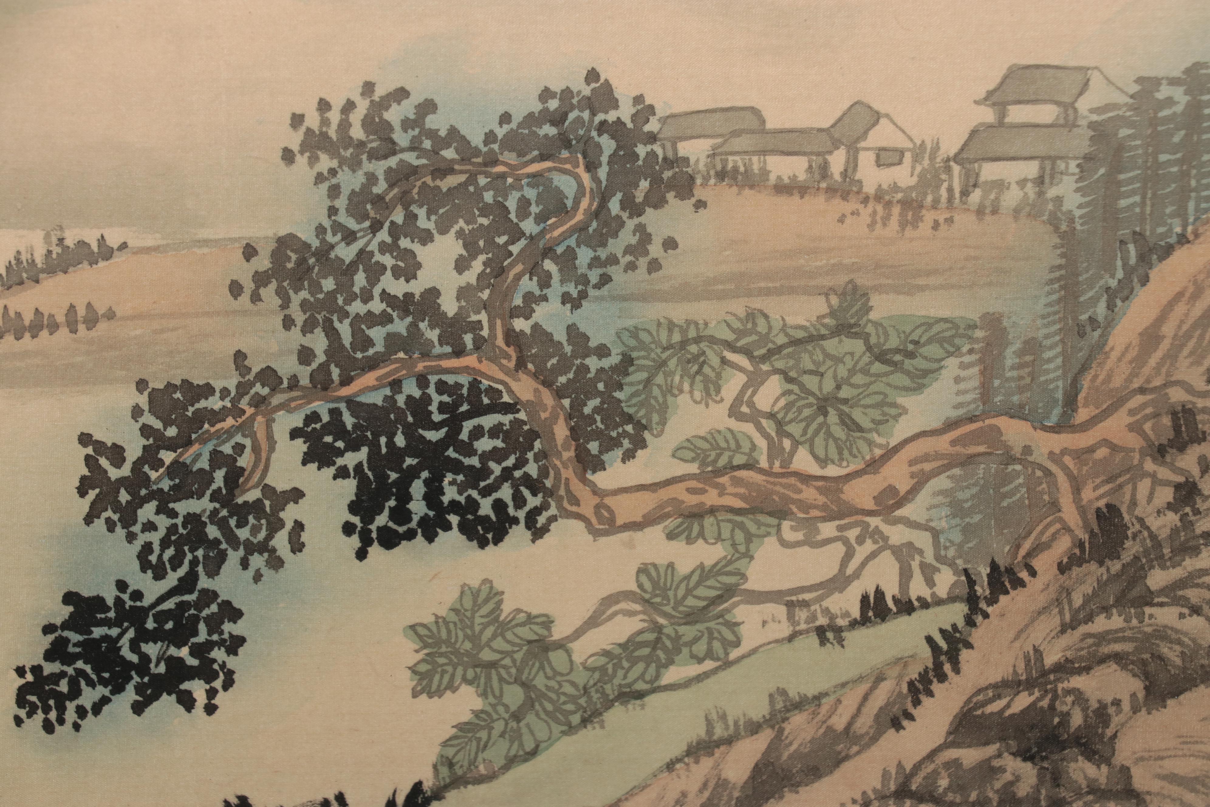 East Asian Landscape Watercolor Painting of Mountain Lake