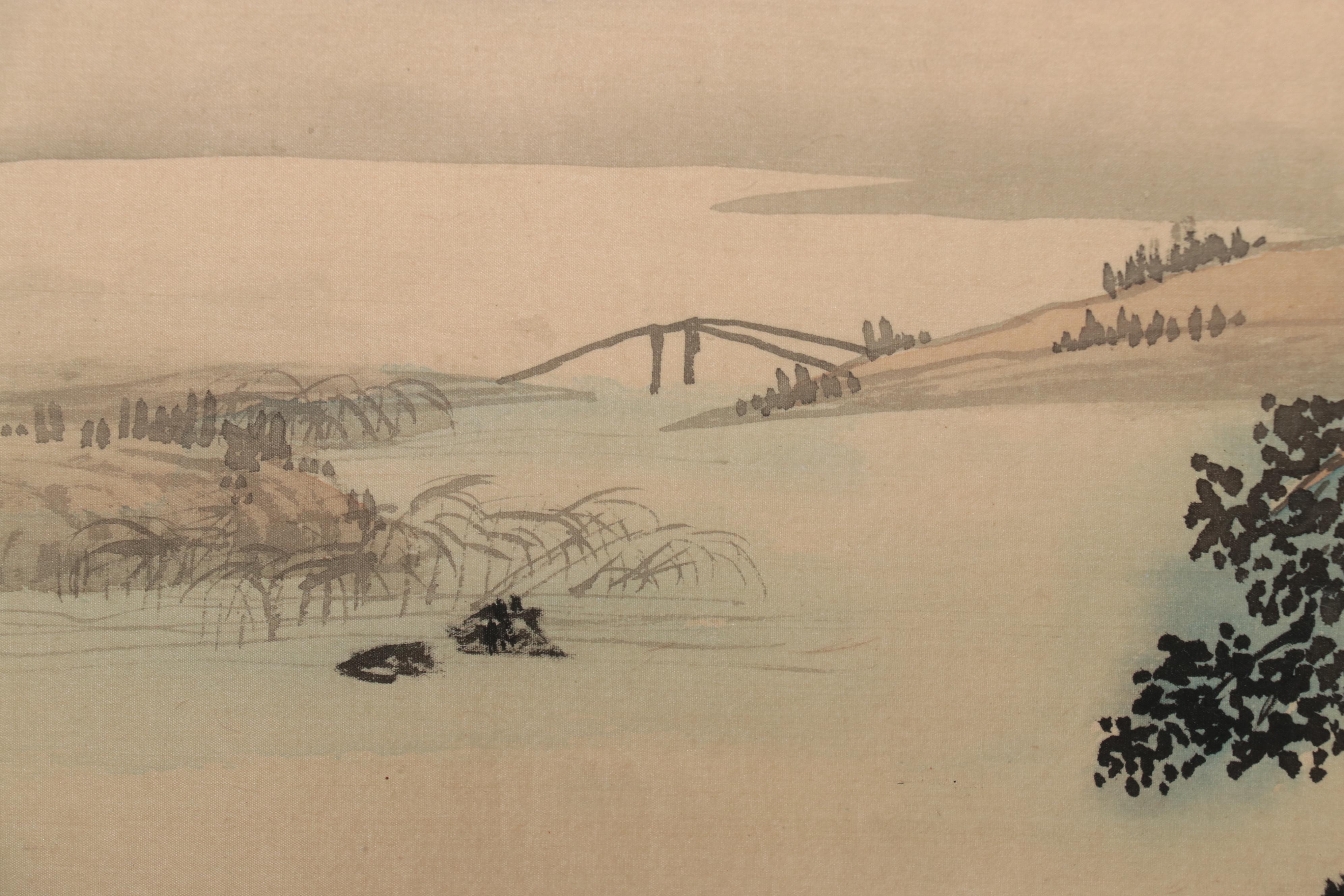 East Asian Landscape Watercolor Painting of Mountain Lake