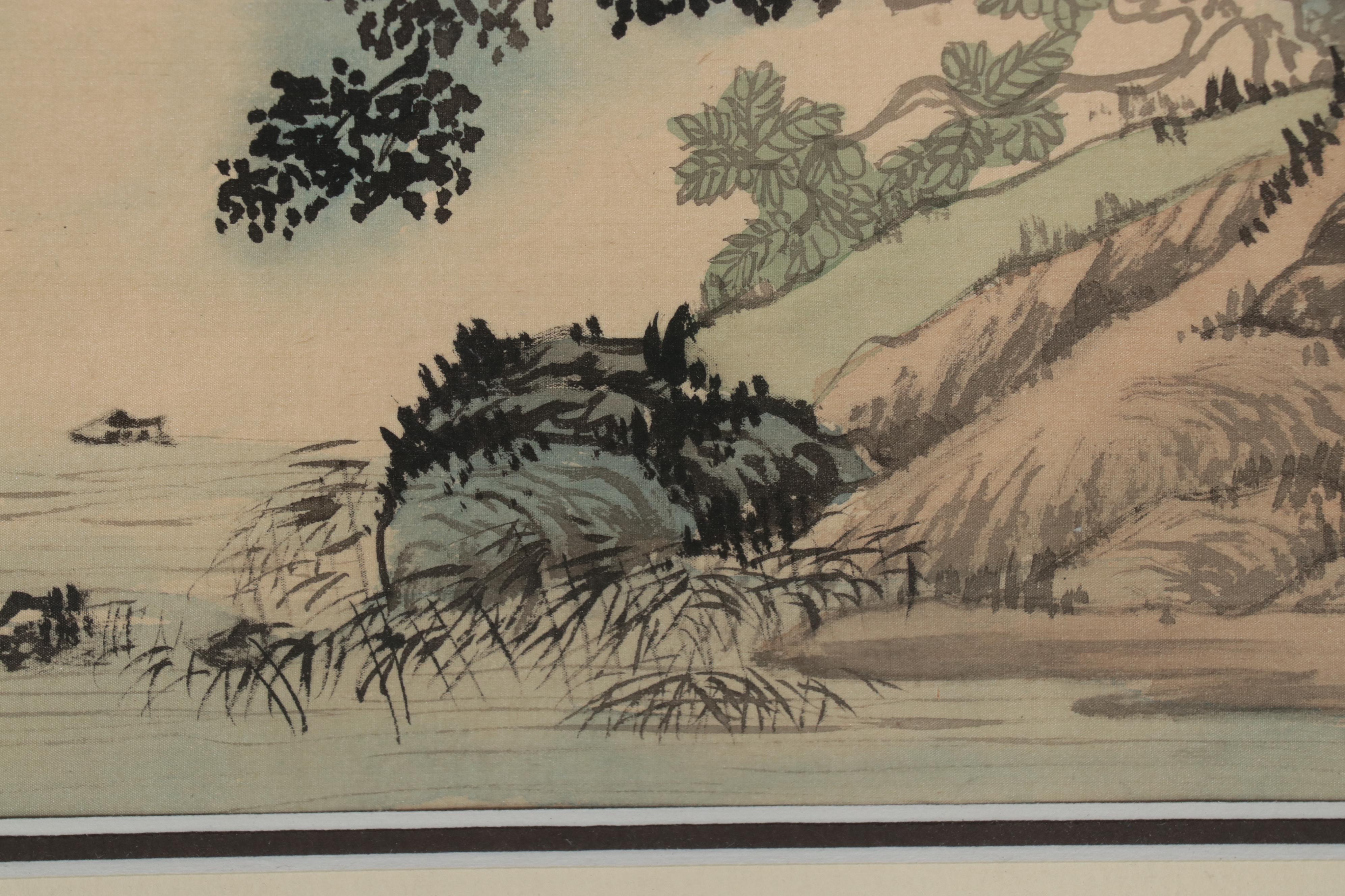 East Asian Landscape Watercolor Painting of Mountain Lake