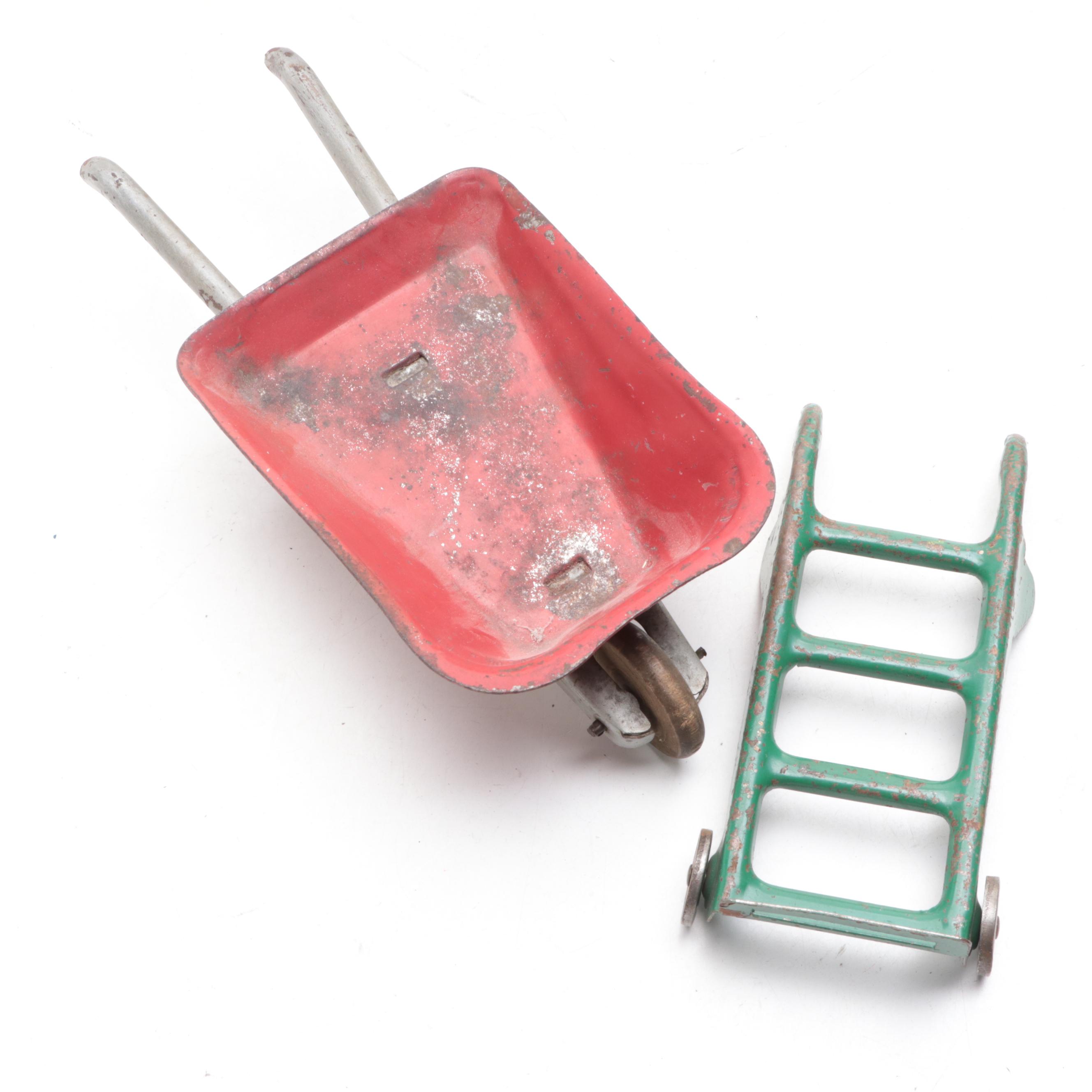 Tonka and Other Metal Toy Dump Trucks, Wheelbarrow and Dolly, Mid-20th Century