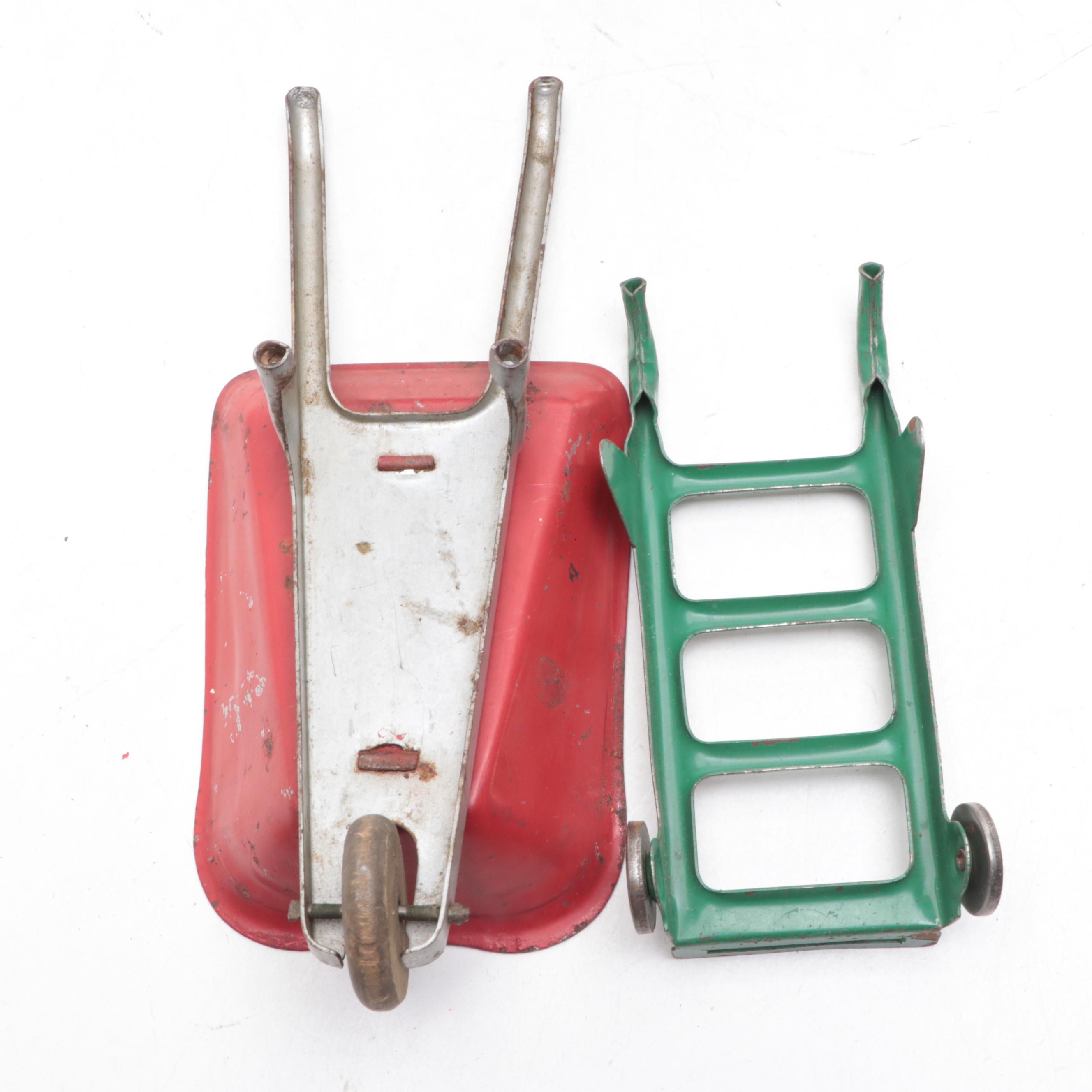 Tonka and Other Metal Toy Dump Trucks, Wheelbarrow and Dolly, Mid-20th Century