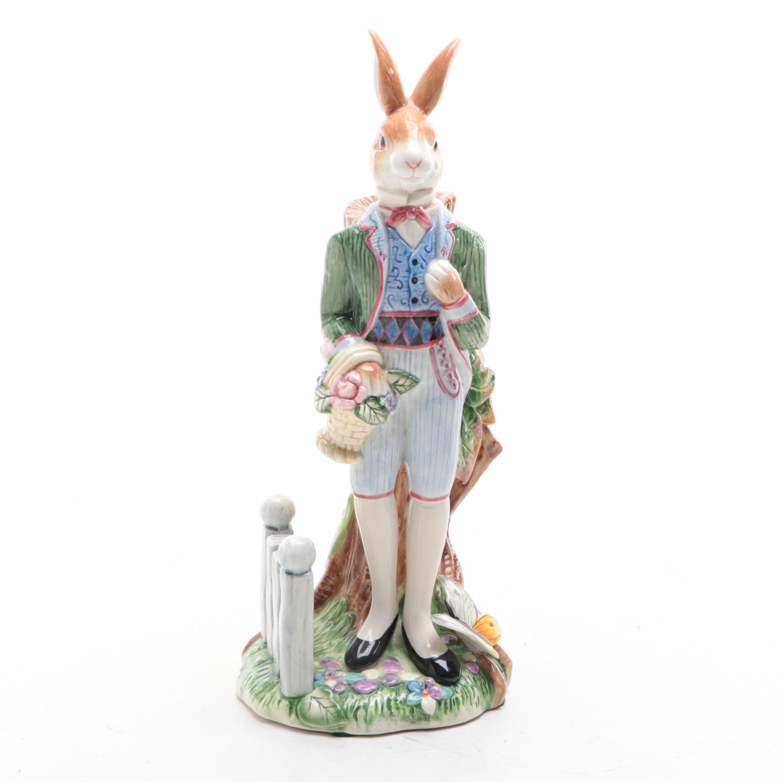 Fitz and Floyd Old World Rabbit Candle Holder with Hand-Painted Pottery Bowl