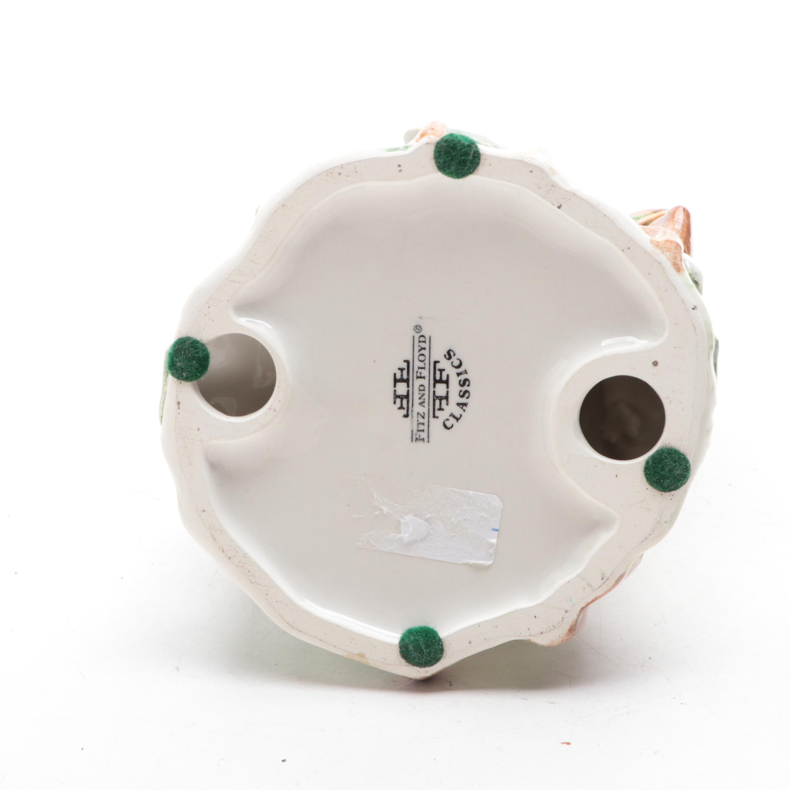 Fitz and Floyd Old World Rabbit Candle Holder with Hand-Painted Pottery Bowl