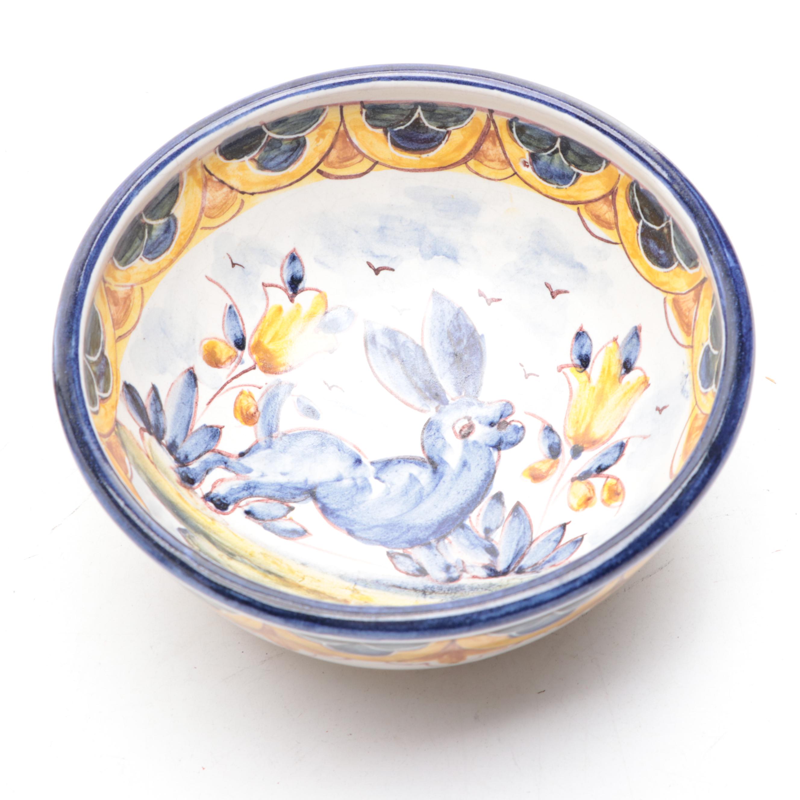 Fitz and Floyd Old World Rabbit Candle Holder with Hand-Painted Pottery Bowl