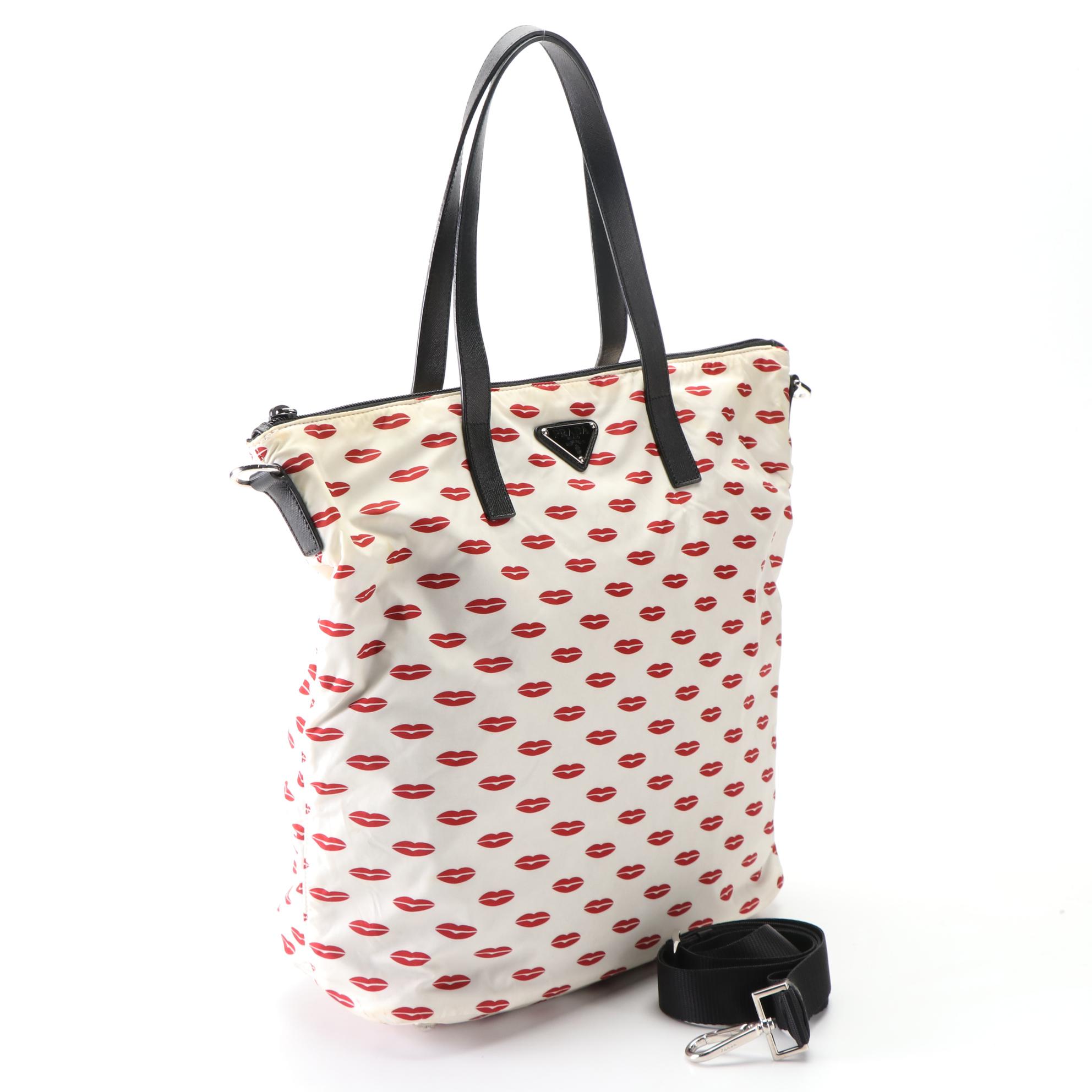 Prada Lip Stamp Zip Tote in Nylon with Leather Trim