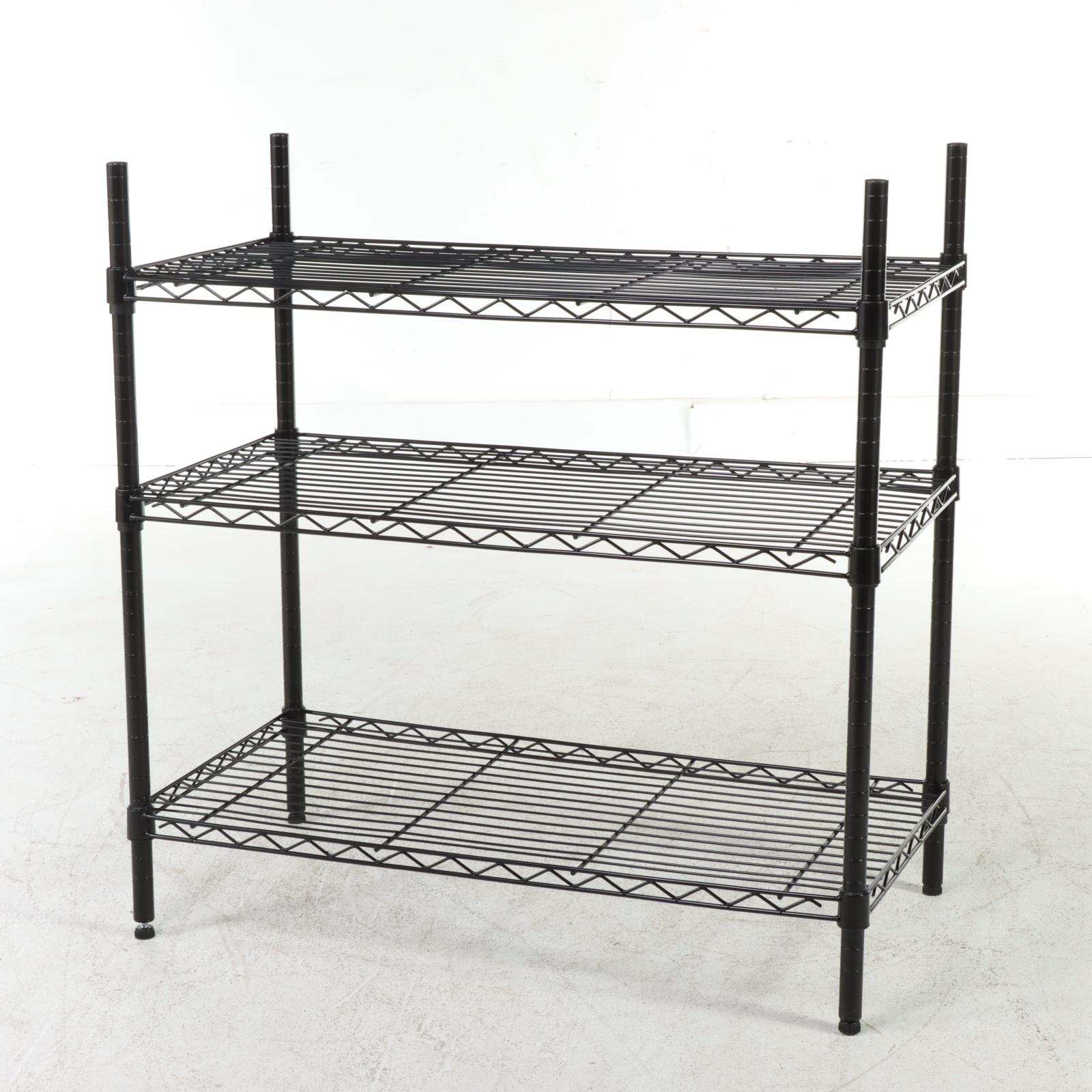Two Three-Tiered Wire Storage Shelves With Easy Reach Step Stool
