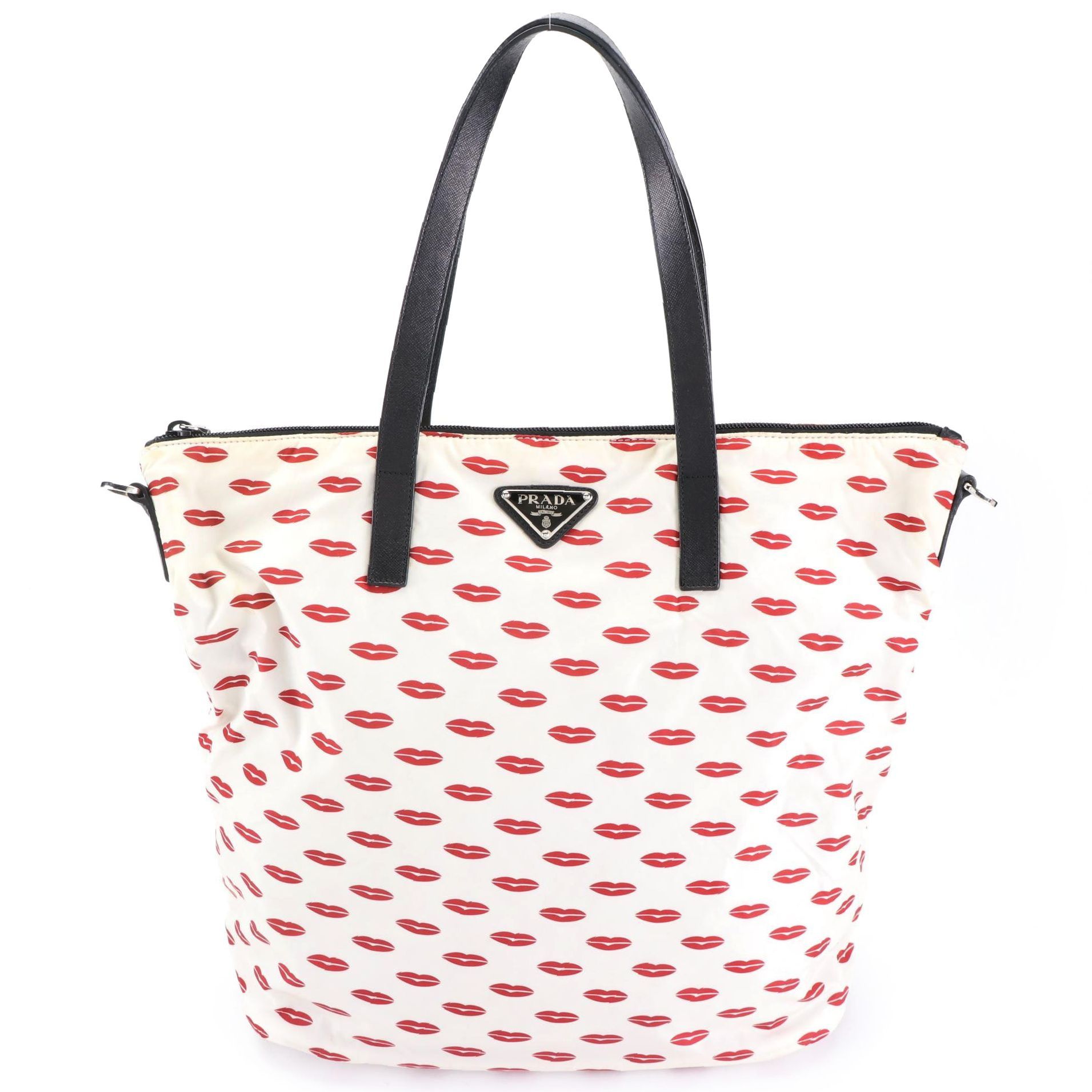 Prada Lip Stamp Zip Tote in Nylon with Leather Trim