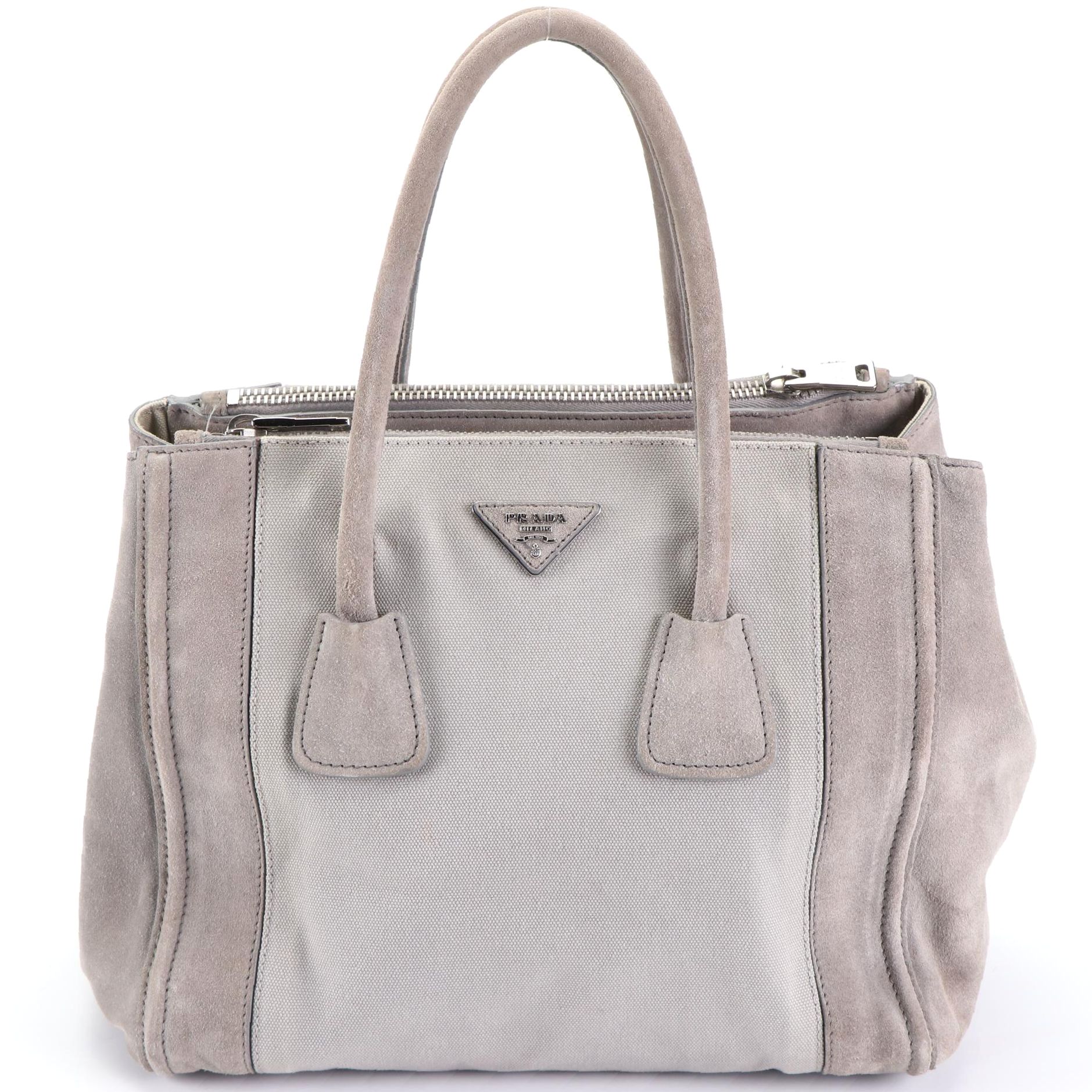 Prada Double Zip Handbag in Suede and Canvas