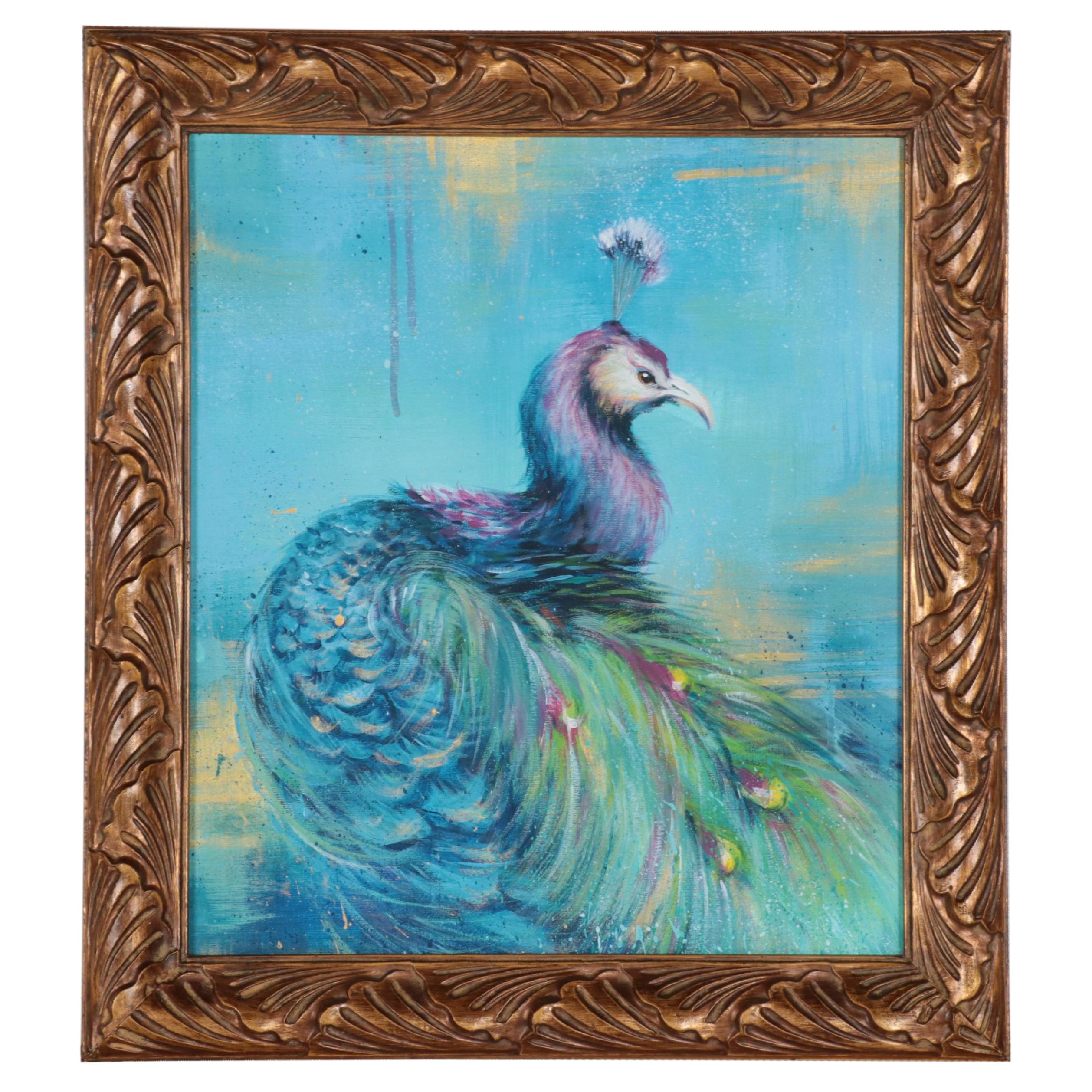 Peacock Mixed Media Painting, 21st Century