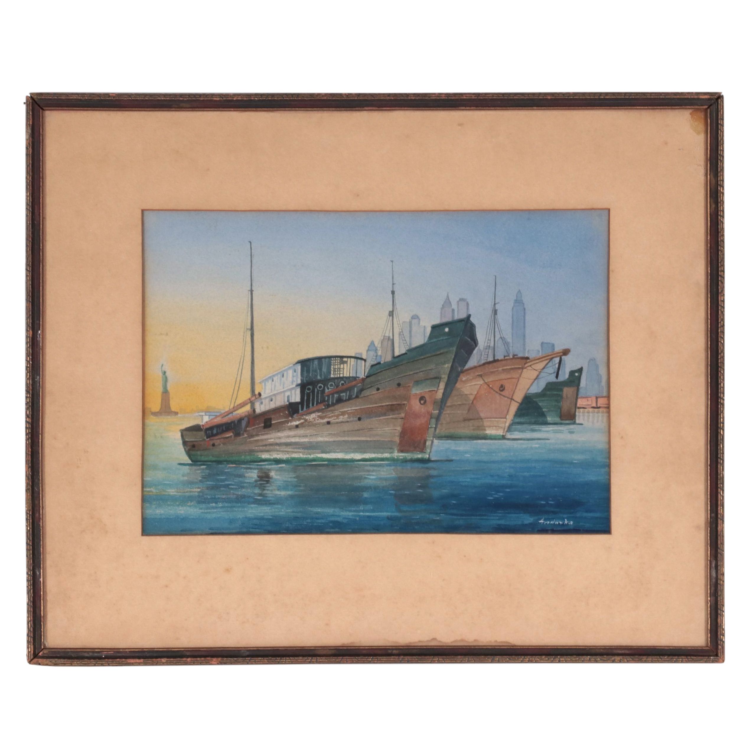 Watercolor Painting of Boats in New York Harbor, Late 20th Century