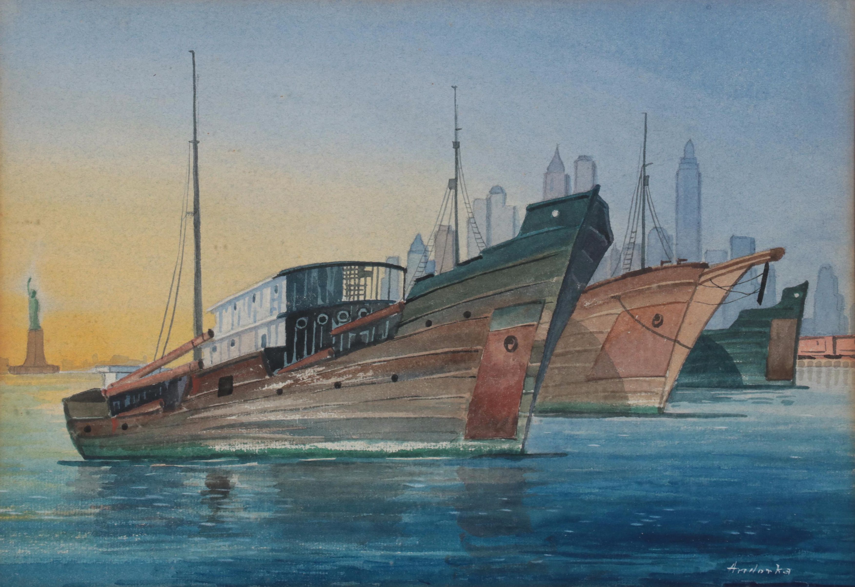 Watercolor Painting of Boats in New York Harbor, Late 20th Century