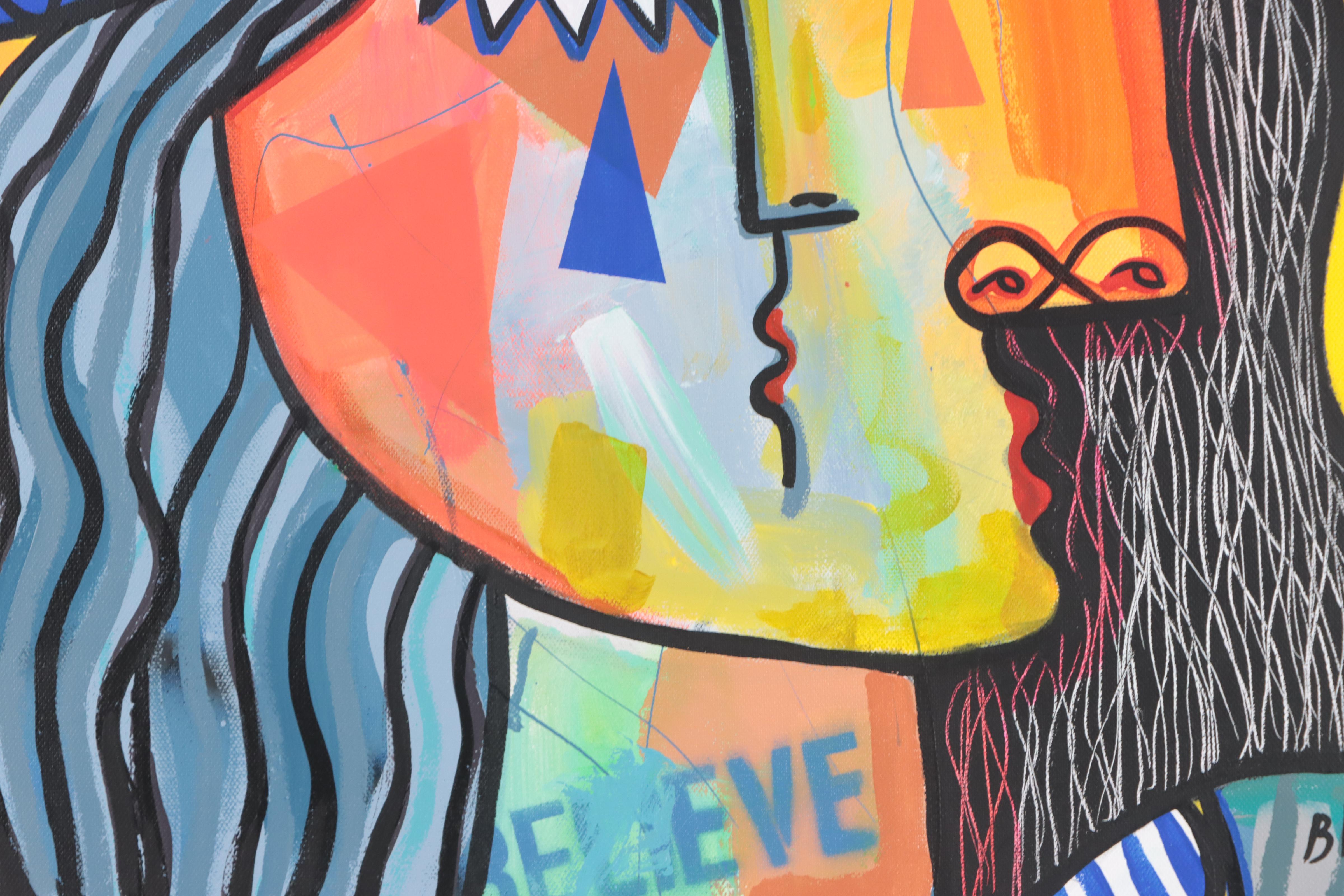 Michel Blázquez Mixed Media Painting "Woman With Big Blue Hat," 2023