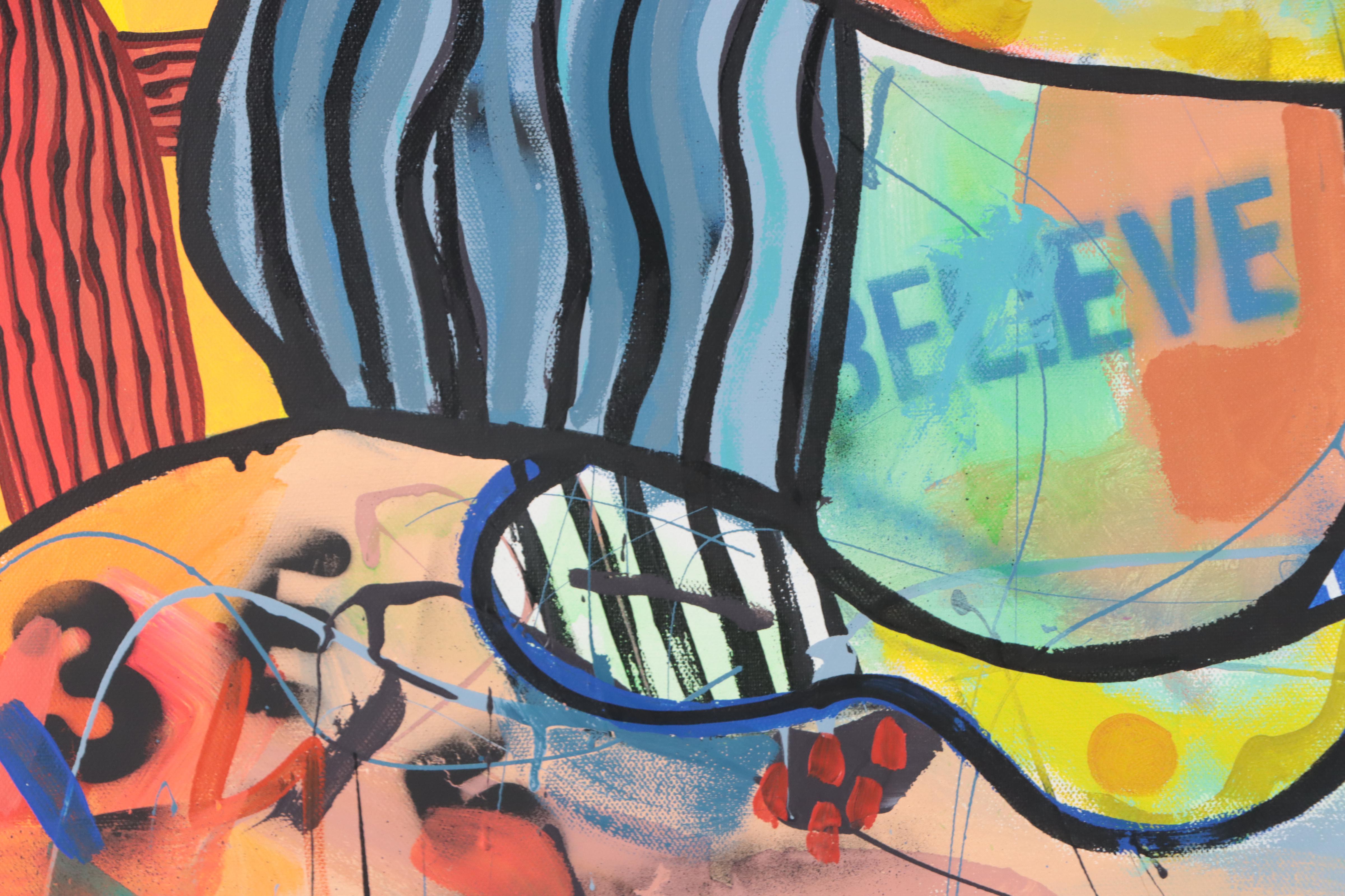 Michel Blázquez Mixed Media Painting "Woman With Big Blue Hat," 2023