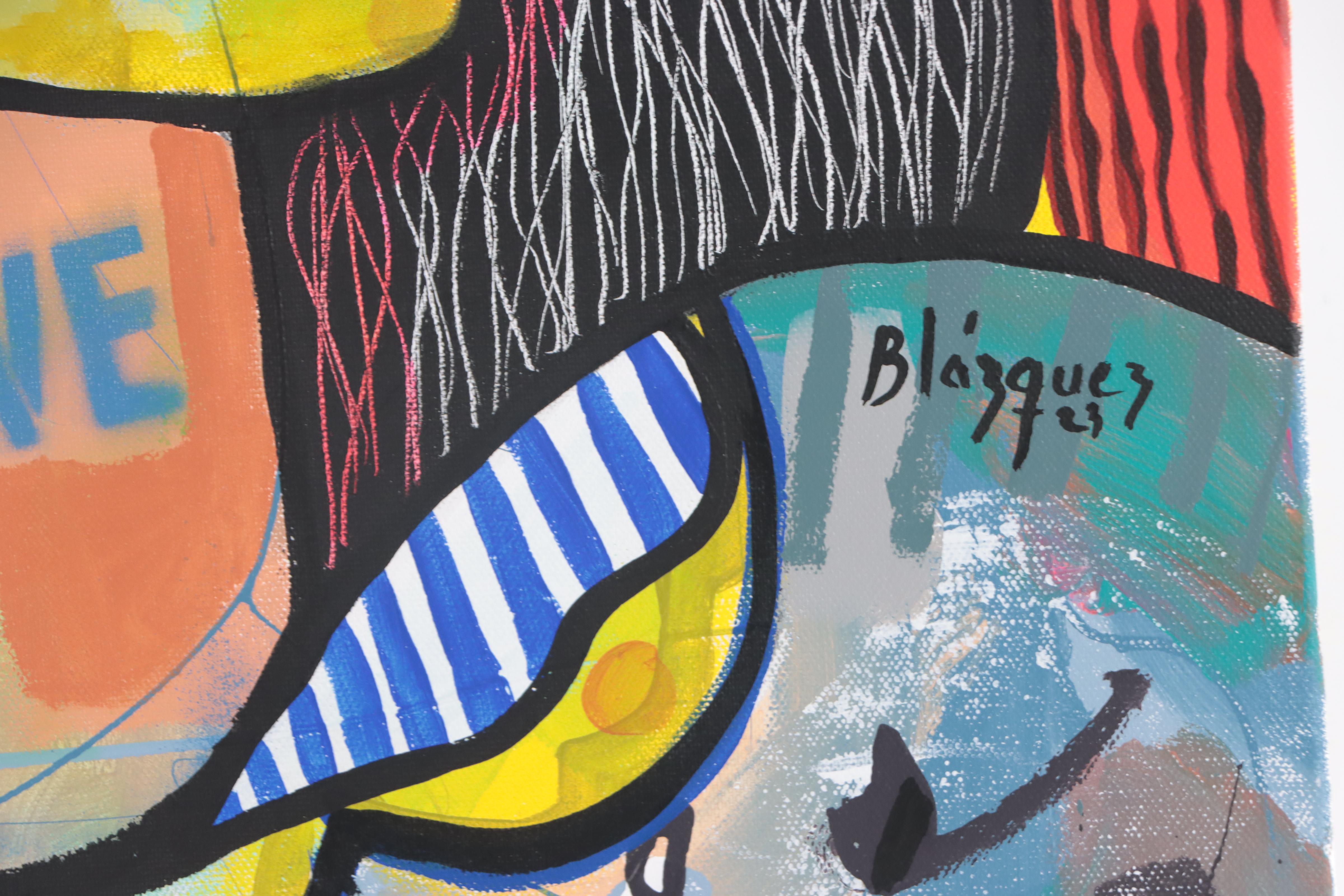 Michel Blázquez Mixed Media Painting "Woman With Big Blue Hat," 2023