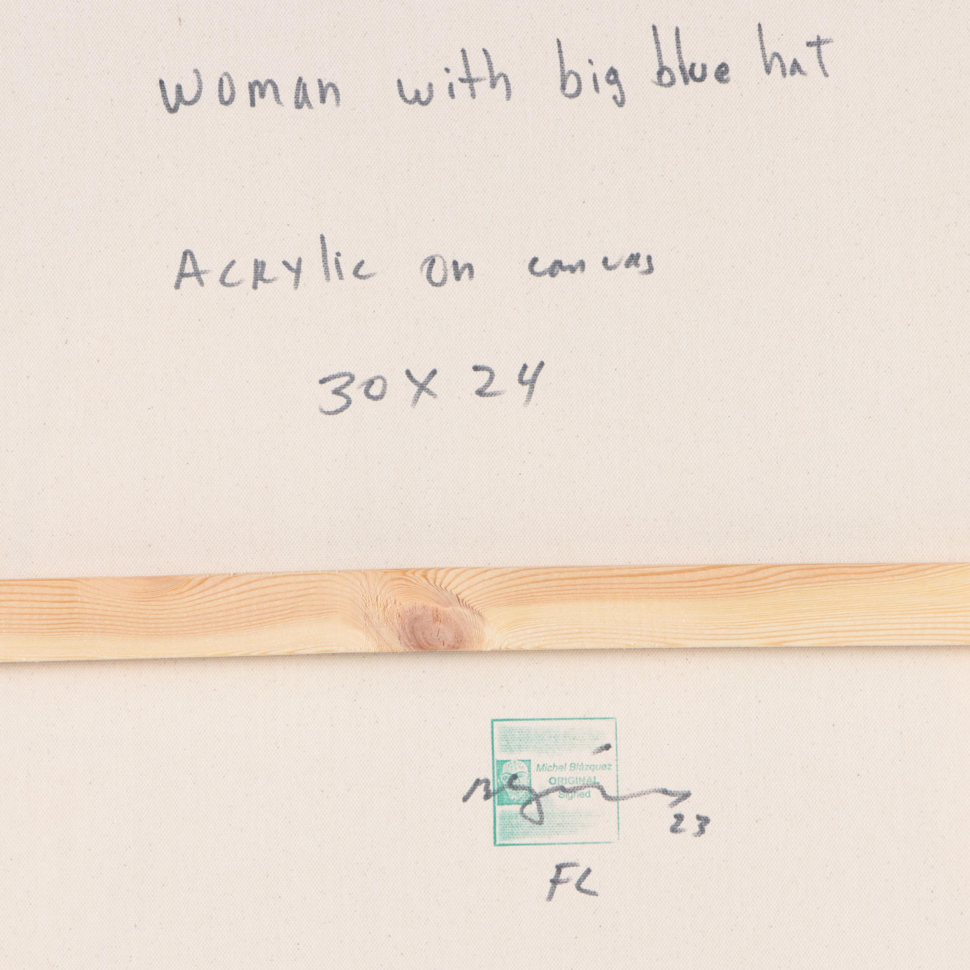 Michel Blázquez Mixed Media Painting "Woman With Big Blue Hat," 2023