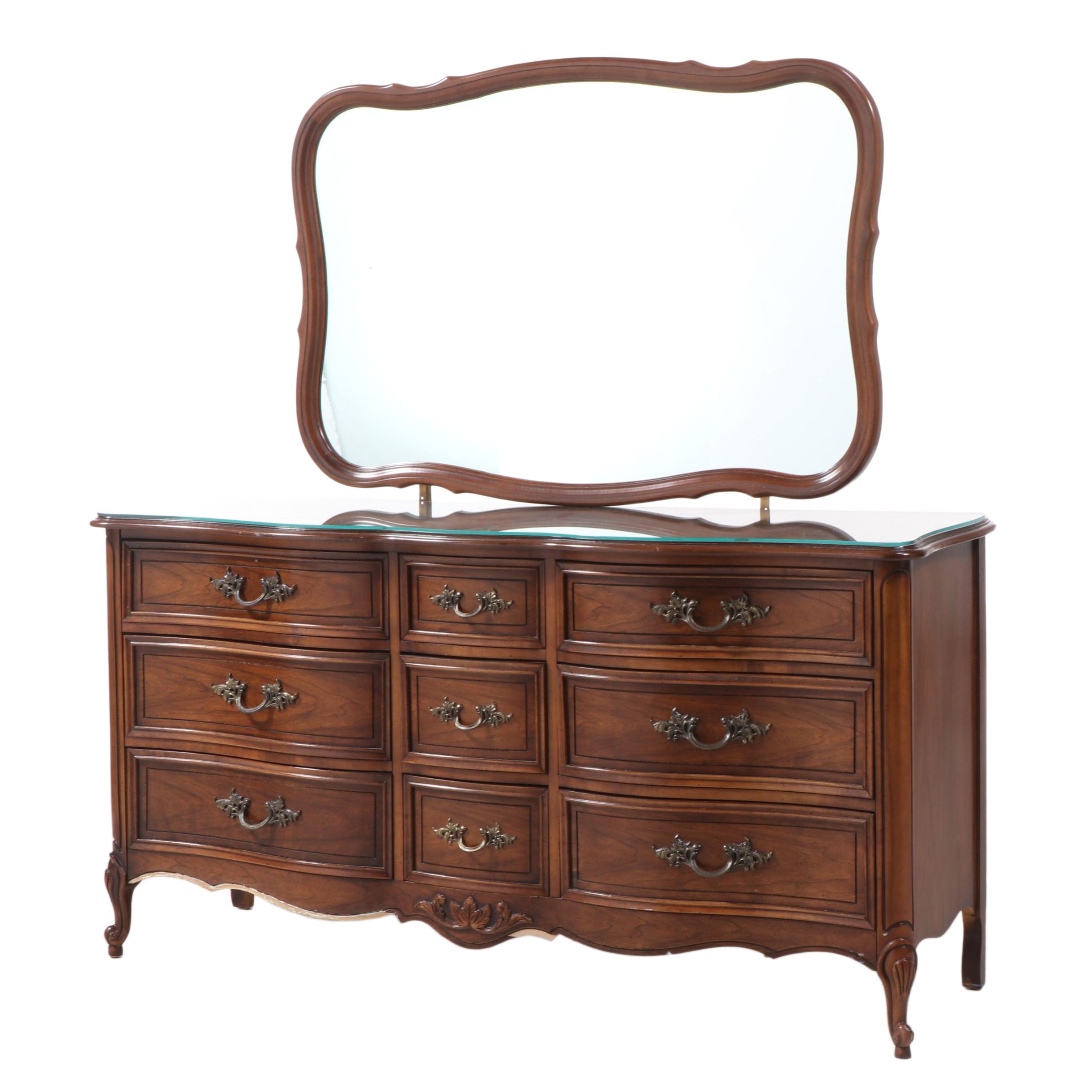 Dixie French Provincial Style Fruitwood-Stained Nine-Drawer Dresser