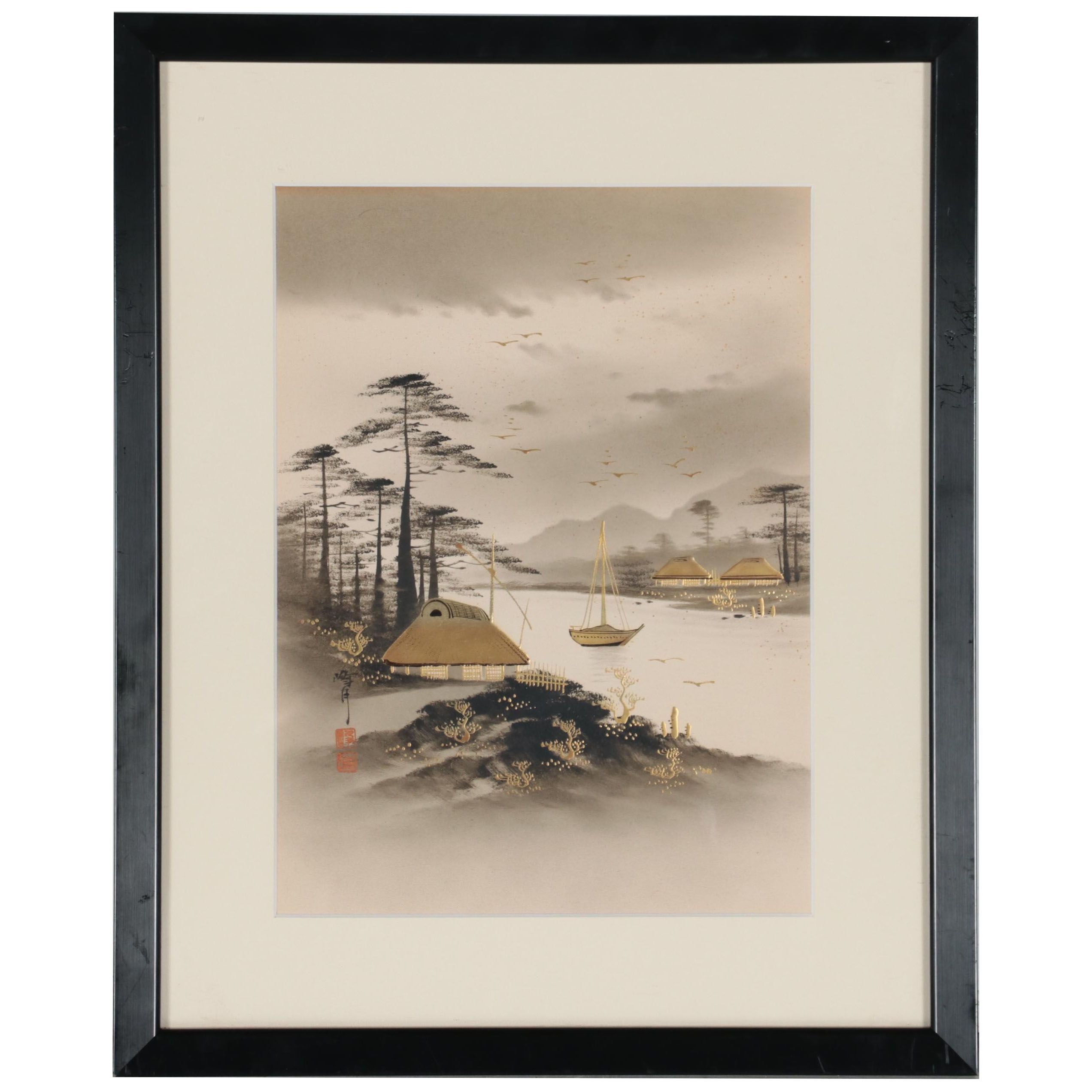 Japanese Watercolor Painting of River Landscape