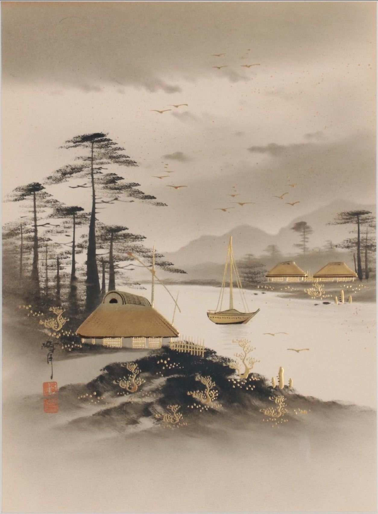 Japanese Watercolor Painting of River Landscape