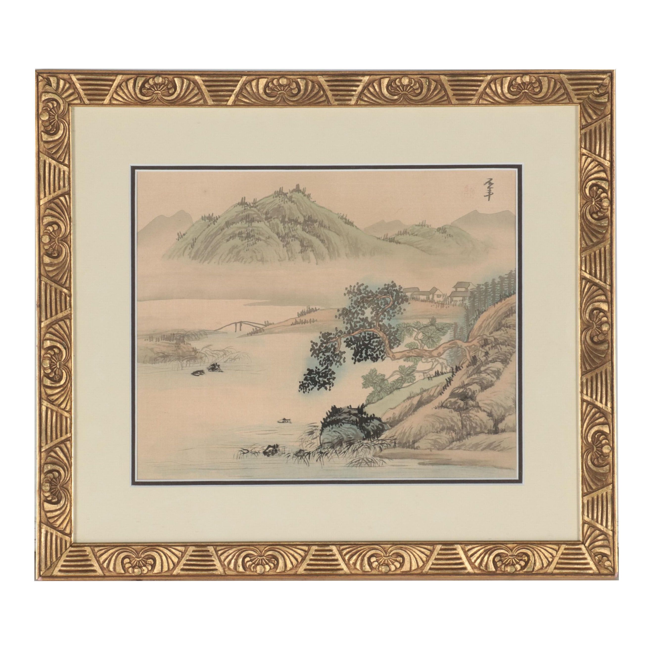 East Asian Landscape Watercolor Painting of Mountain Lake