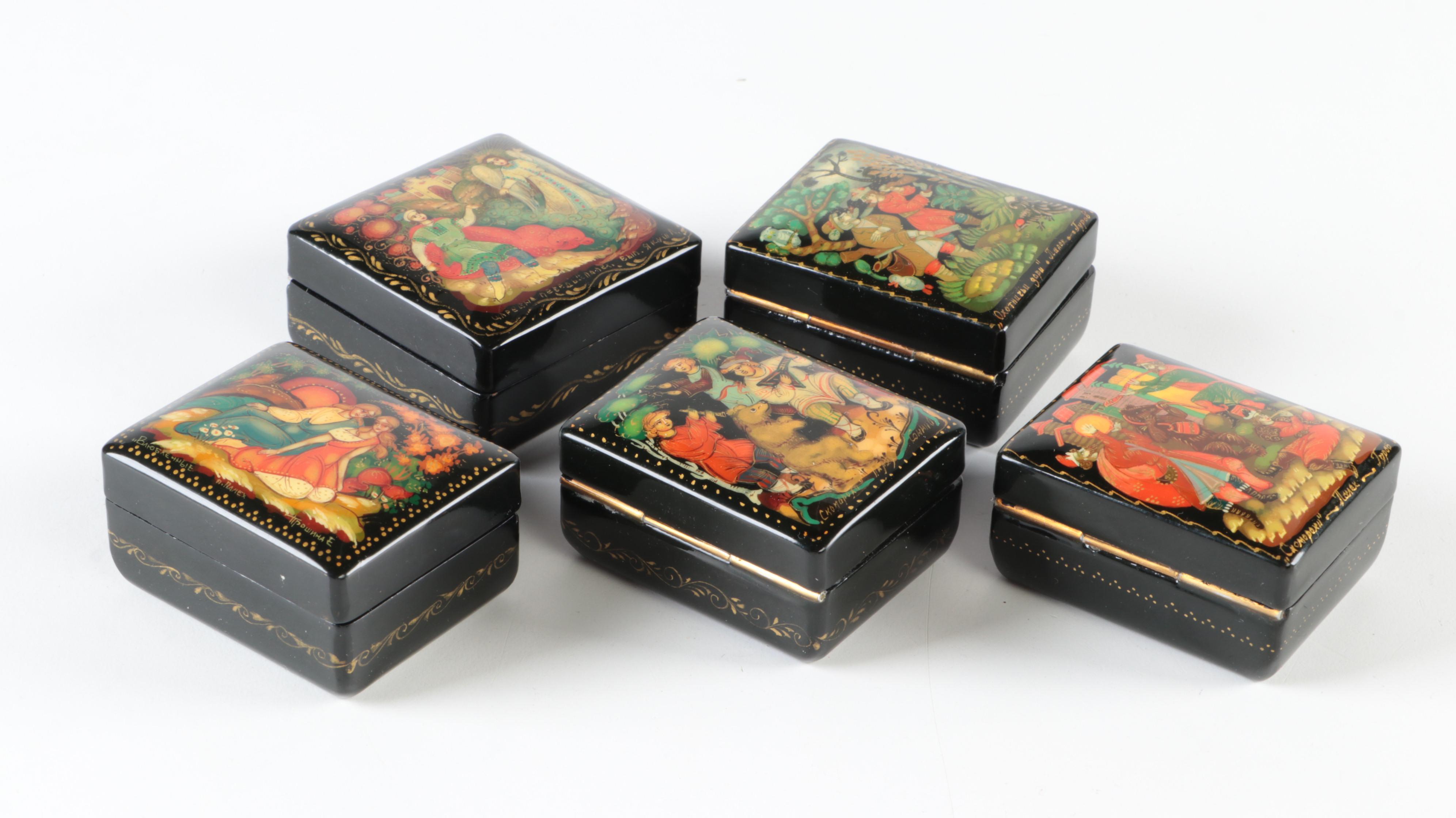 Russian Palekh Hand-Painted Folktale Lacquerware Boxes