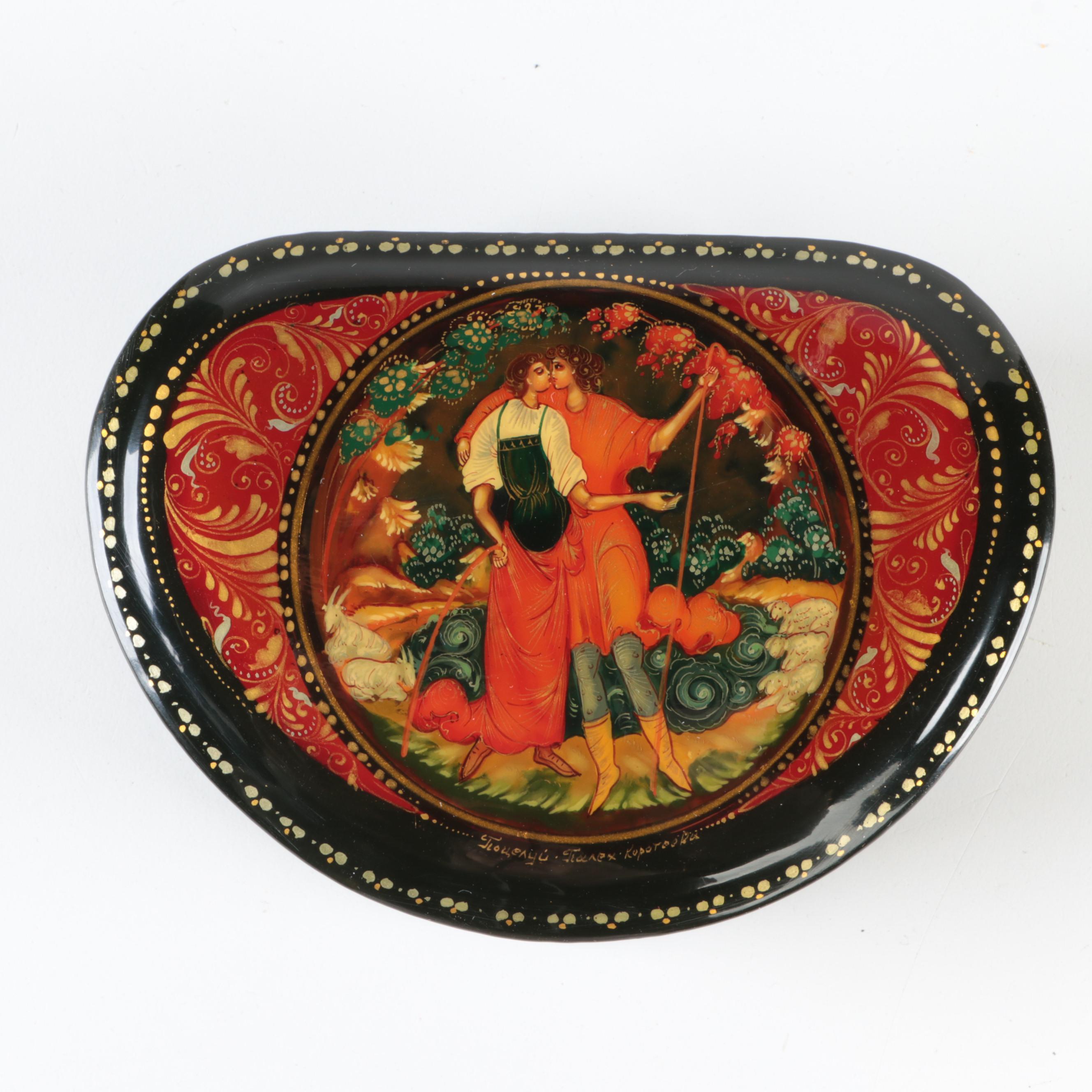 Russian Palekh "Kiss" and Other Painted Miniature Lacquerware Boxes