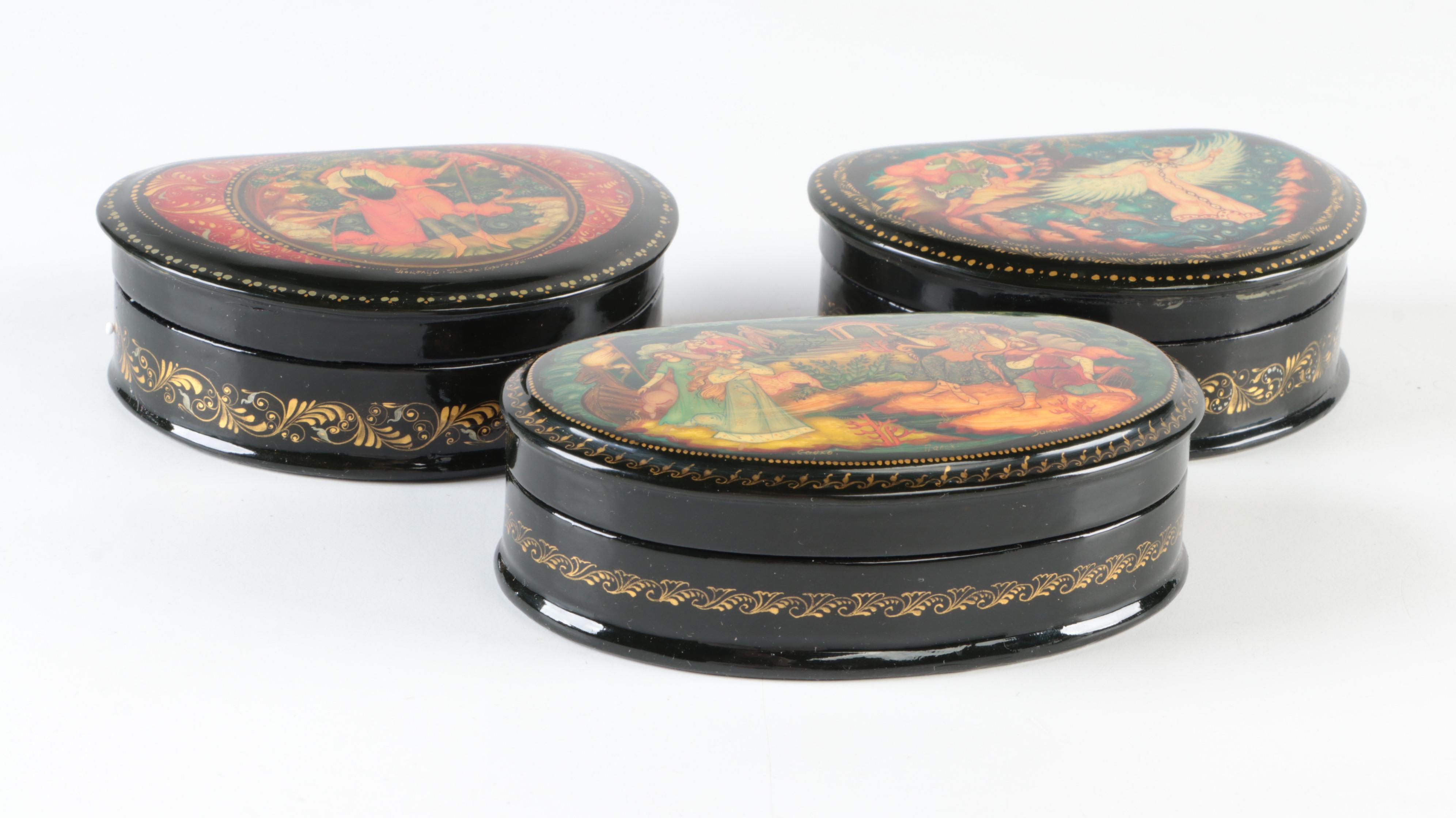 Russian Palekh "Kiss" and Other Painted Miniature Lacquerware Boxes