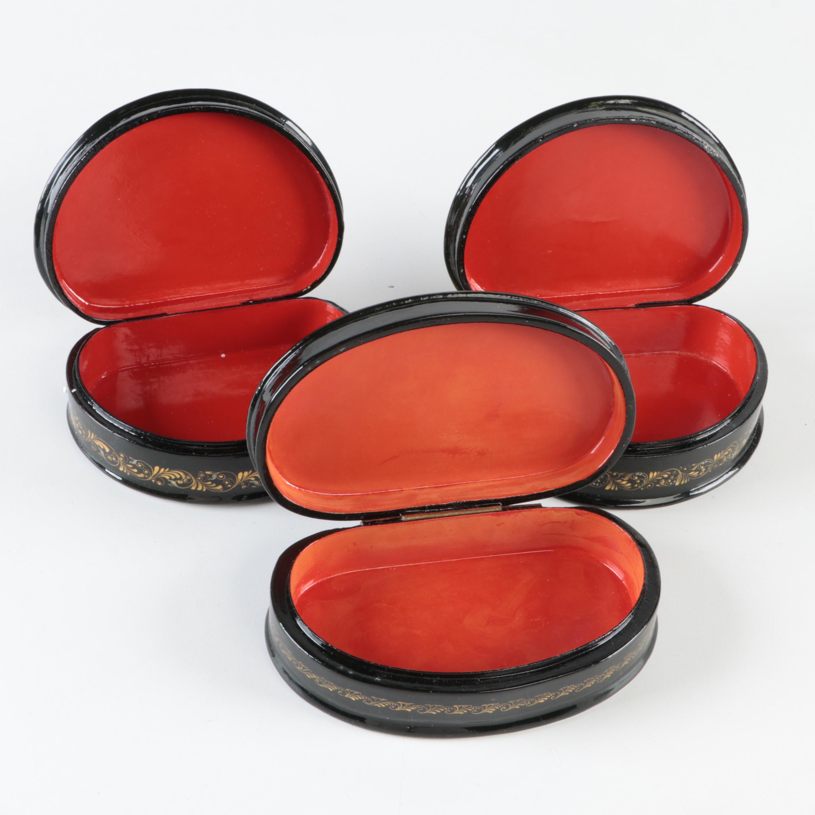 Russian Palekh "Kiss" and Other Painted Miniature Lacquerware Boxes