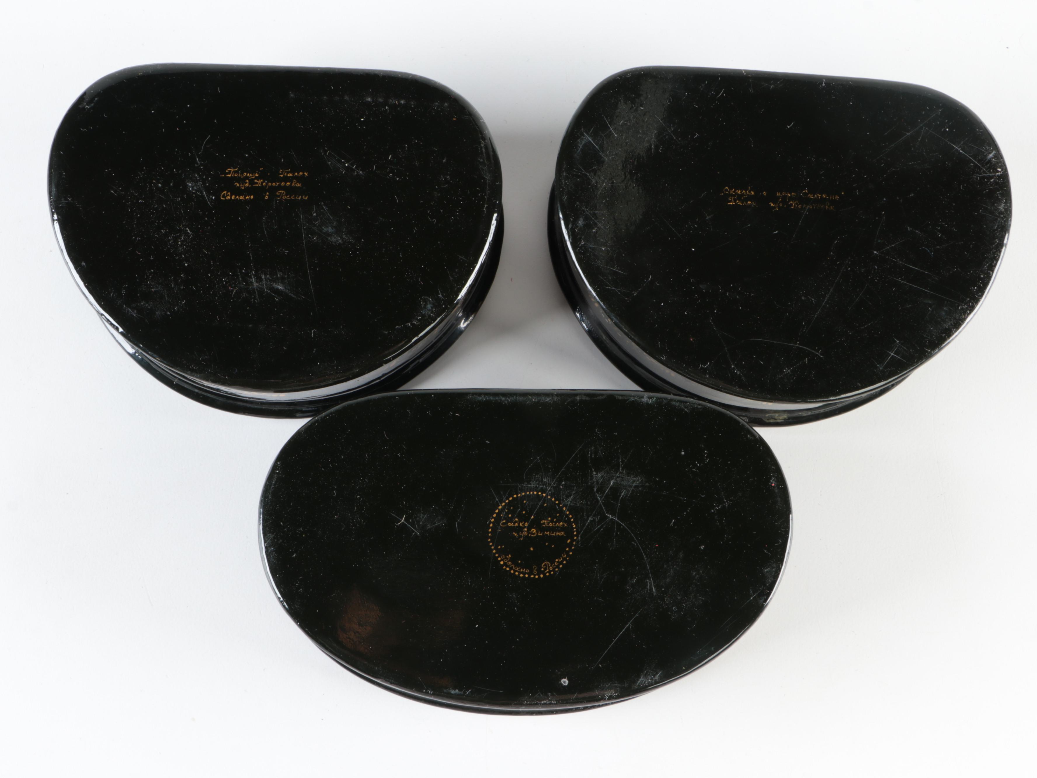 Russian Palekh "Kiss" and Other Painted Miniature Lacquerware Boxes