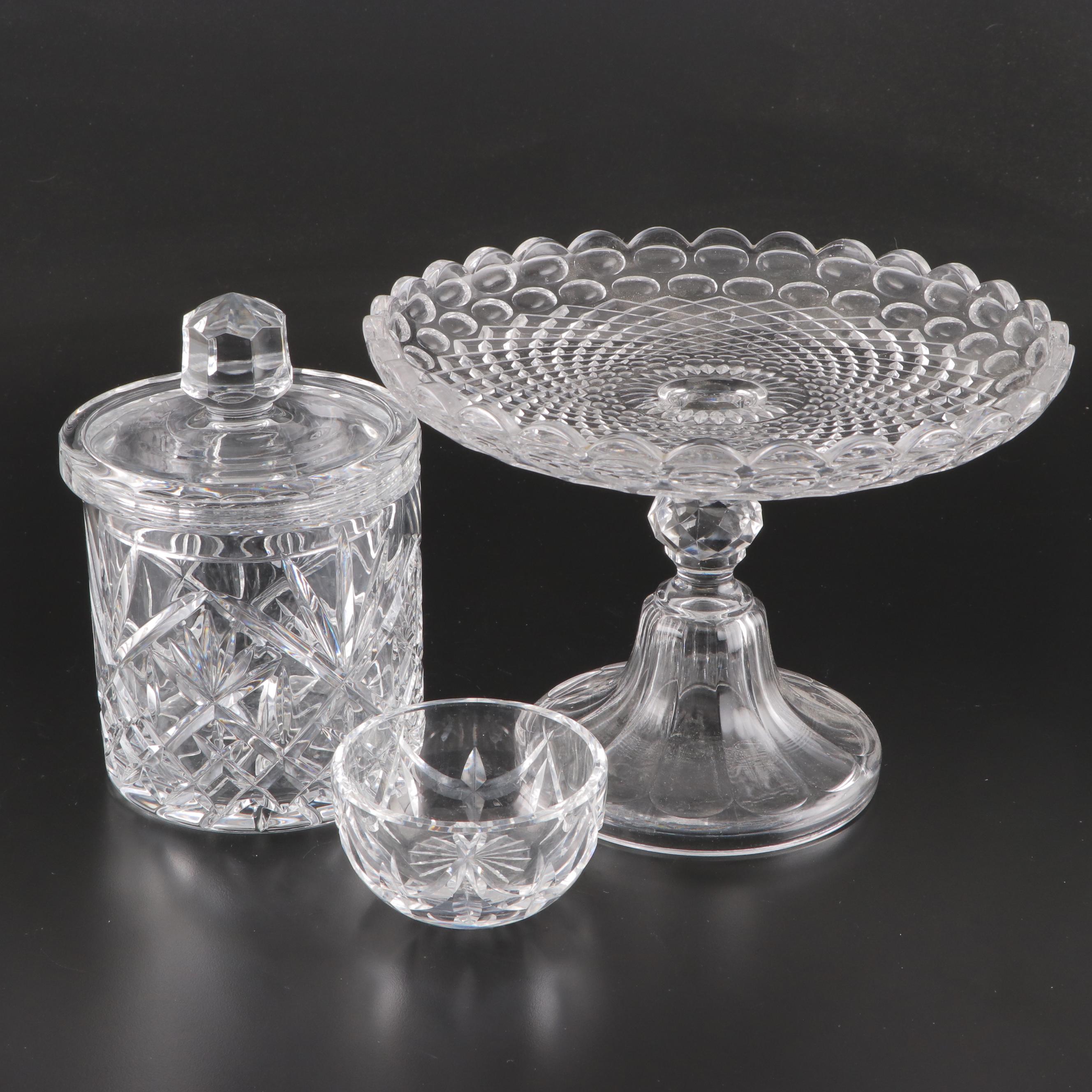 EAPG Bead and Diamond Cake Stand with Crystal Lidded Jar and Bowl