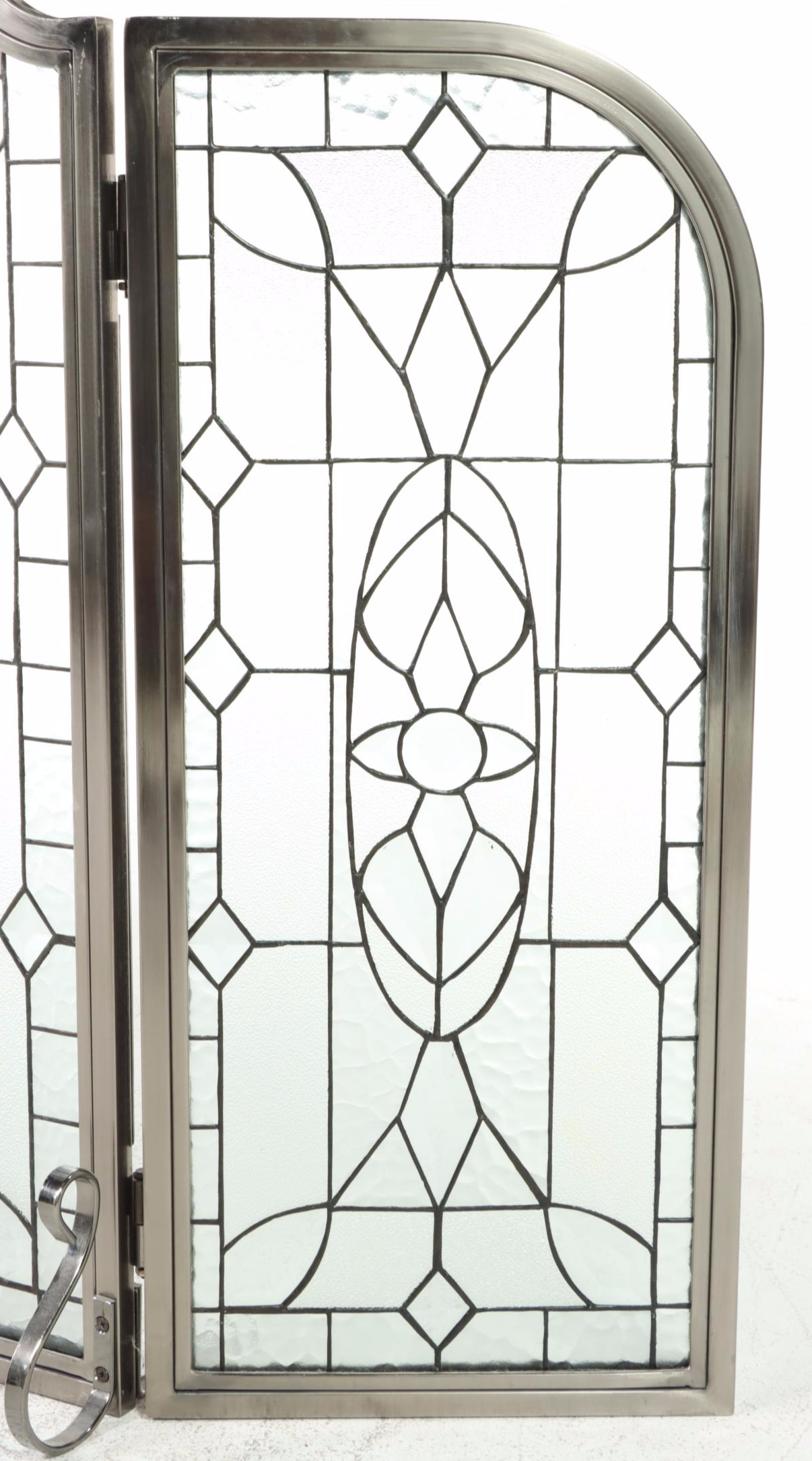 Brushed Metal and Leaded Glass Three-Panel Fireplace Screen