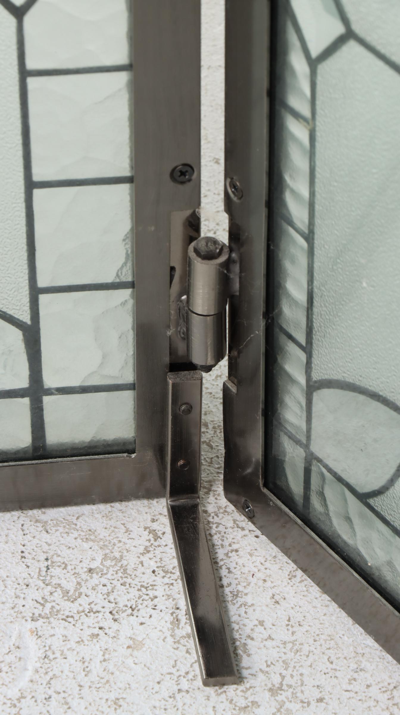 Brushed Metal and Leaded Glass Three-Panel Fireplace Screen