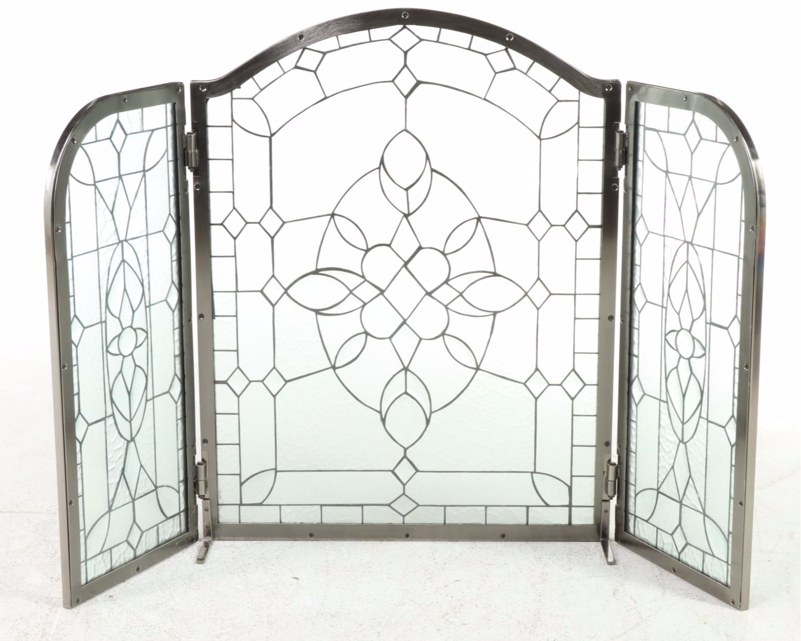 Brushed Metal and Leaded Glass Three-Panel Fireplace Screen