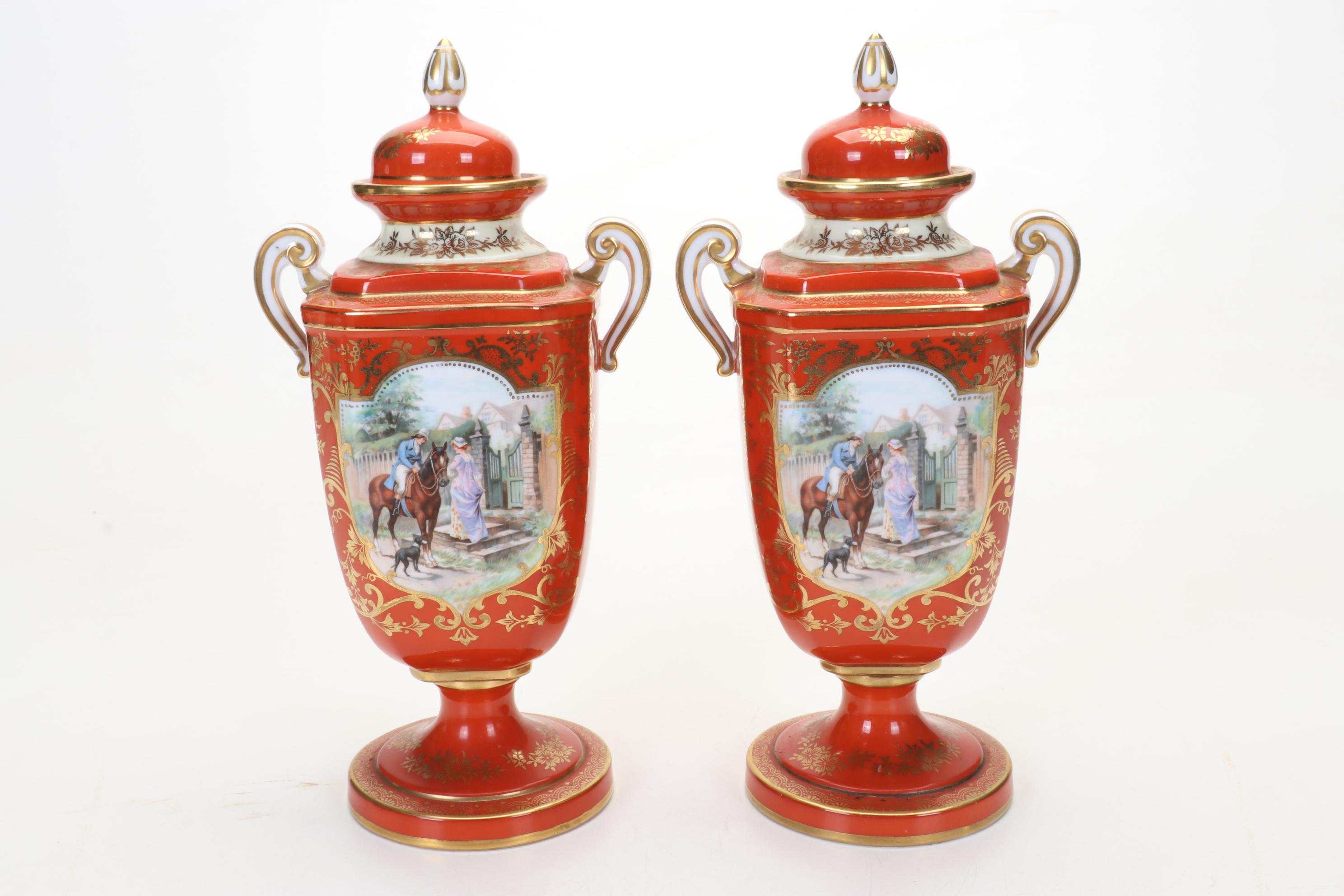 Pair of Noritake Morimura Brothers Hand-Painted Porcelain Urns, Early-Mid 20th C